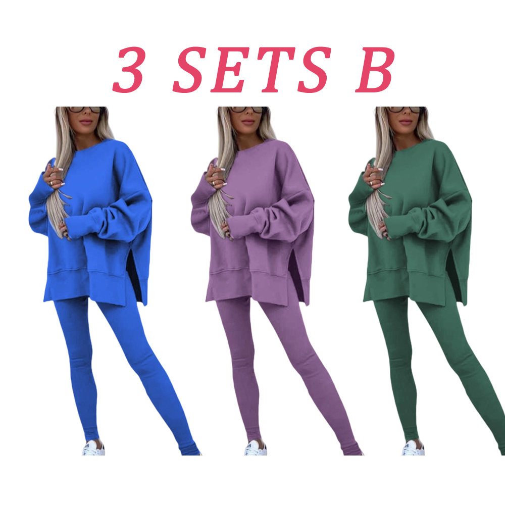🔥Women's Solid Drop Shoulder Split Hem Sweatshirt & Pants Two-piece Set
