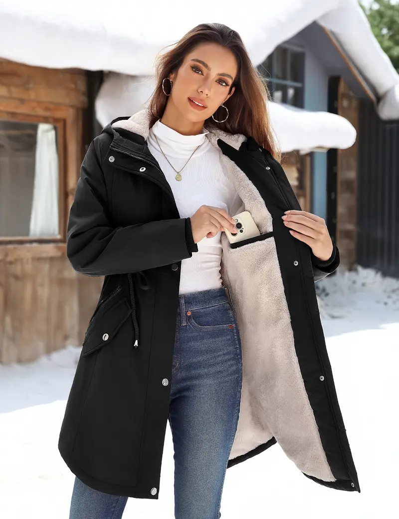 FASHORA Women's Fleece Thick Waterproof Rain Jacket Parka Jacket Women Waterproof Fleece Lined Hooded Warm Winter Coat with Pockets for Daily Commute & Outdoor Womenswear Outerwear