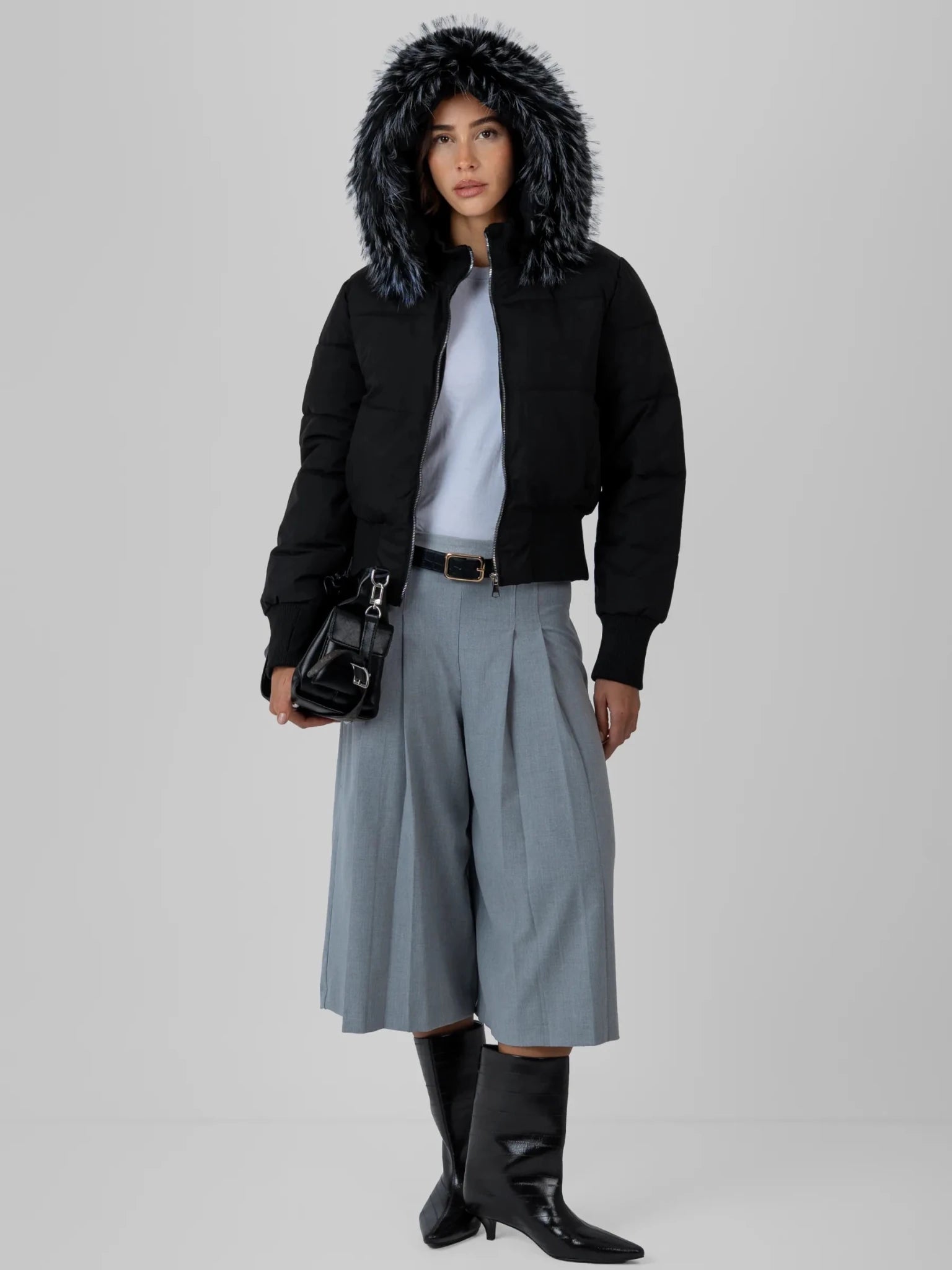 Faux Fur Lined Puffer Bomber With Detachable Hood Trim