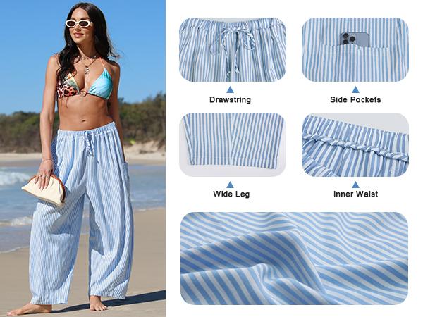 【SS26 Collection】TARSE Womens  Wide Leg Gingham Striped Plaid Pants Casual Barrel Loose Drawstring Low Waist Palazzo Harem Pants with Pockets