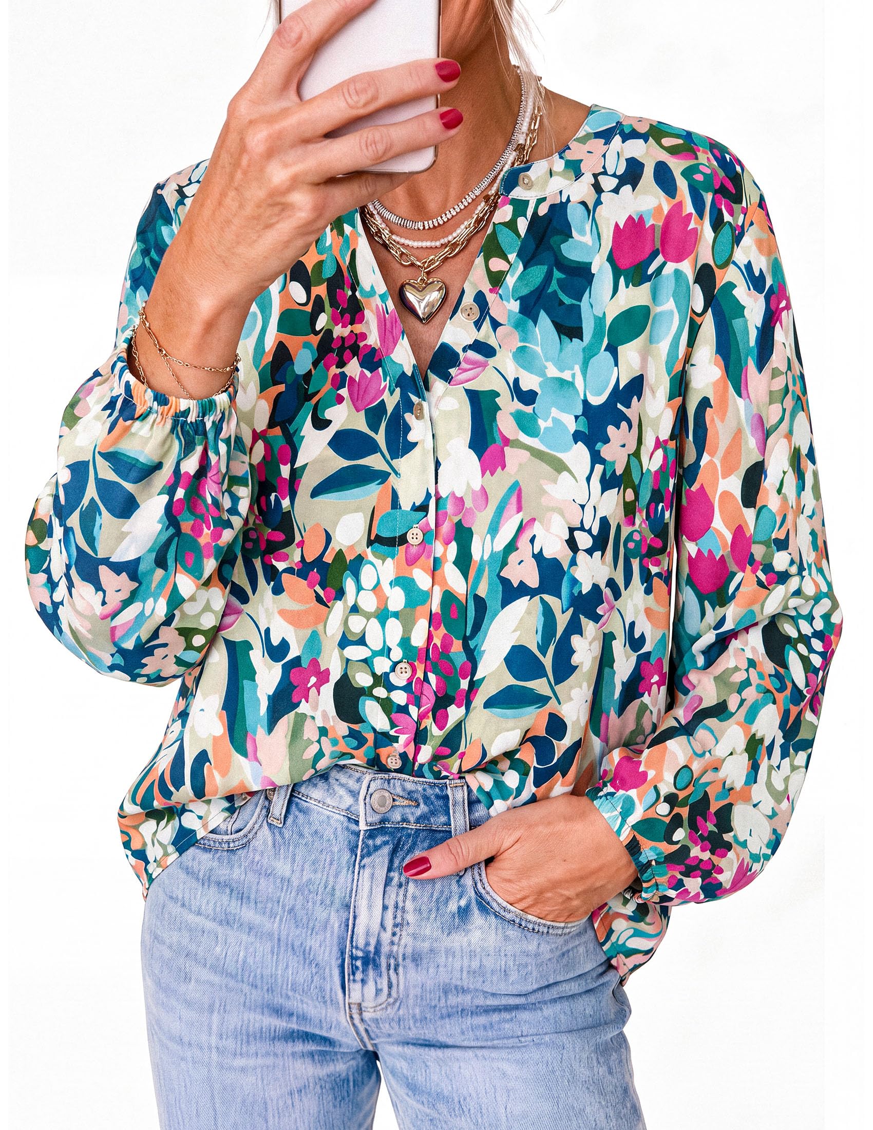 Women's Boho Tops Fall Long Sleeve Button Down Floral Blouses