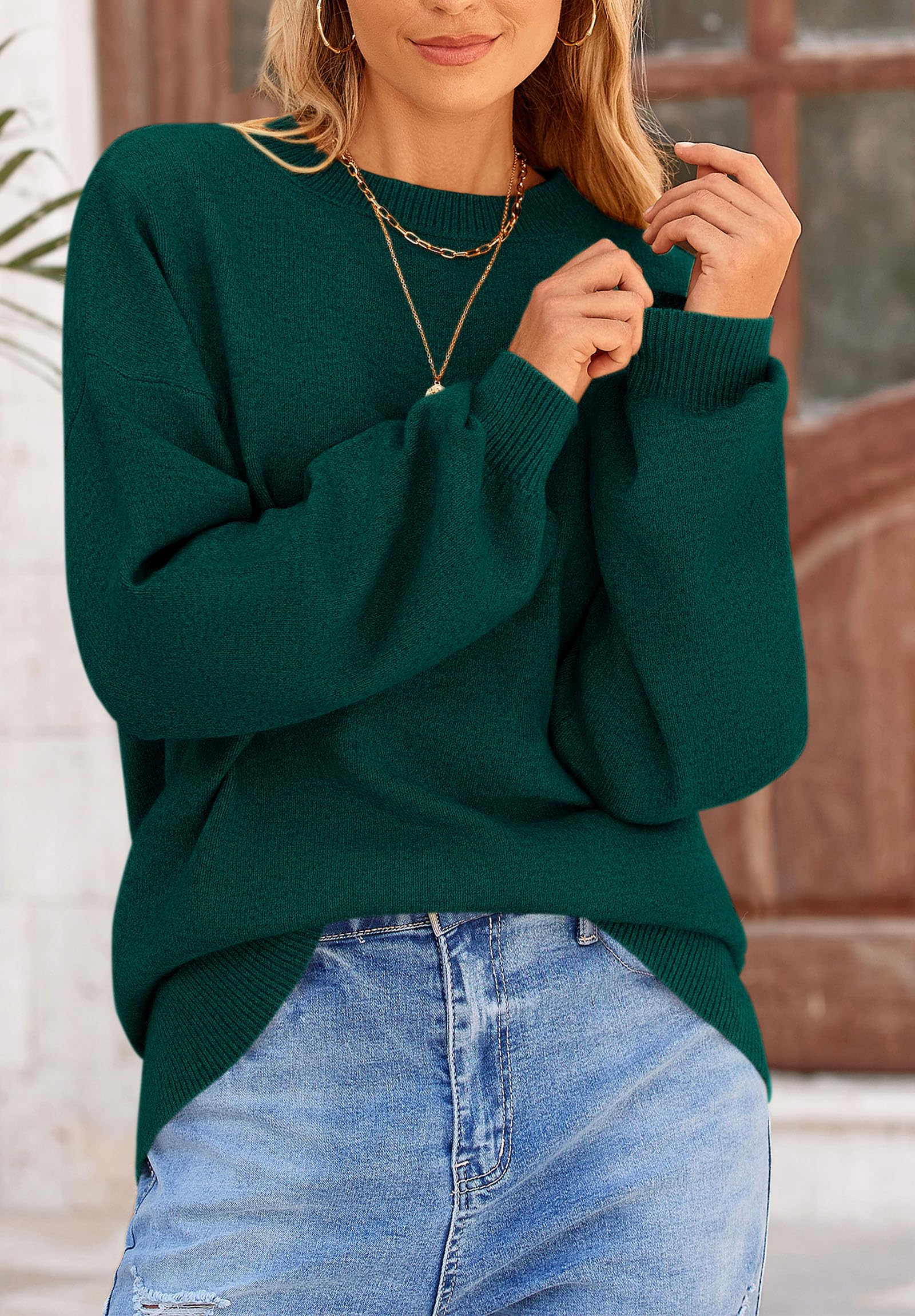 Women's Fall Sweaters Crewneck Long Sleeve Tops,Dark Green,S