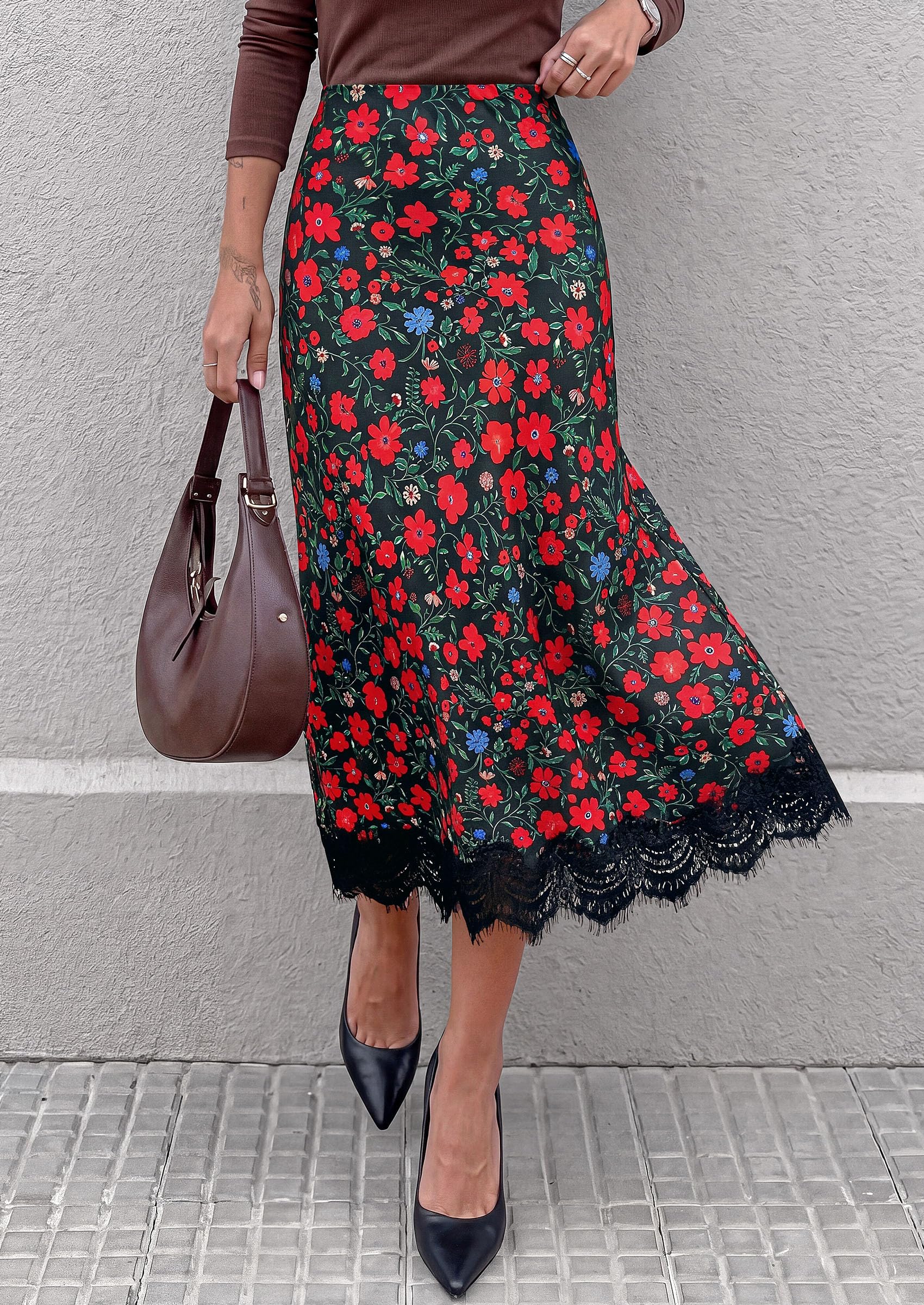 Women's Polka Dot Satin Skirt Fall Flowy Midi Leopard Skirts