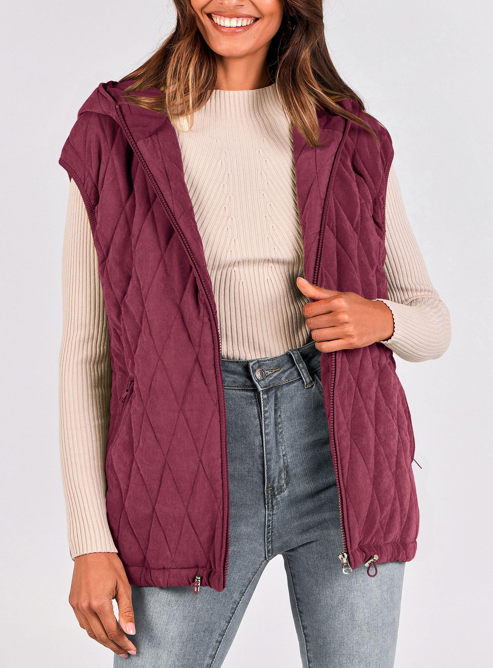 Women's Fall Fashion Vest Zip Up Jacket(Wine Red,Small)