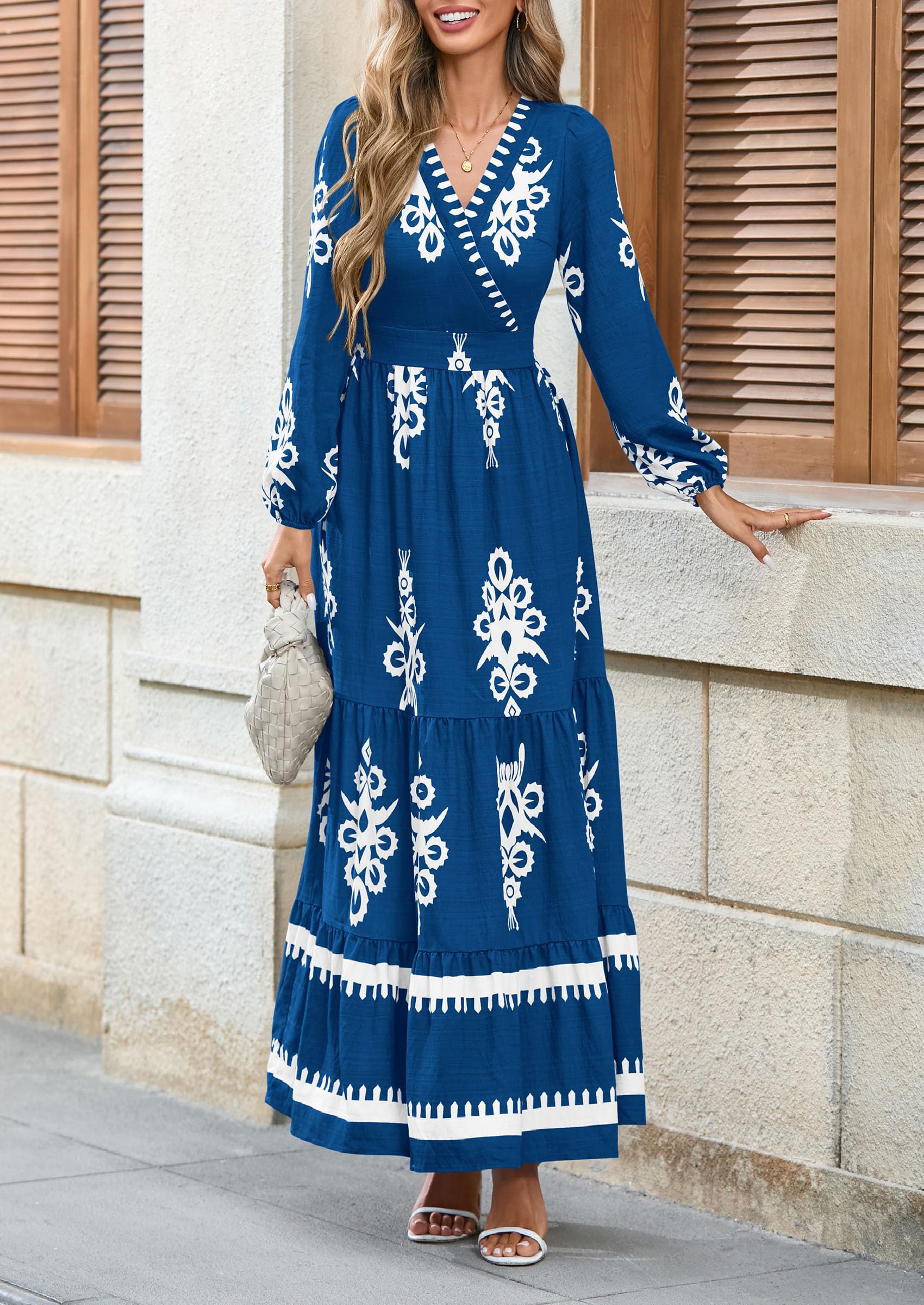 Women's Long Sleeve Floral Boho Maxi Wedding Guest Dress