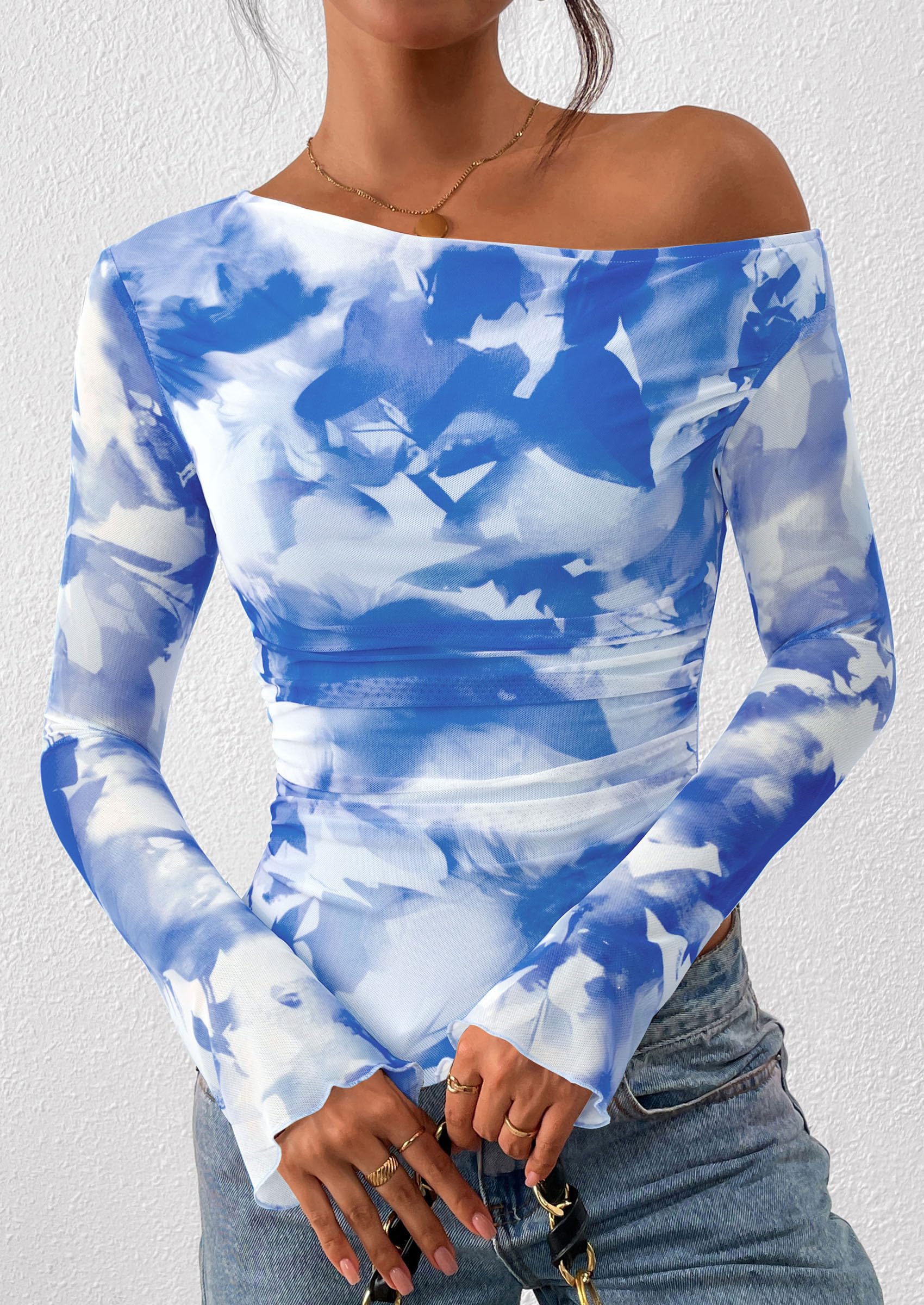 Womens Off Shoulder Mesh Y2k Tops,Floral Light Blue,XS