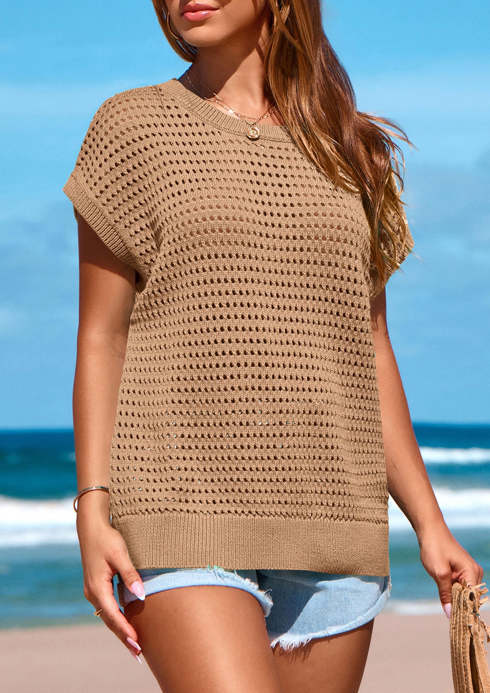 Women's Summer Crochet Cap Sleeve Sweater Tops,Khaki,S