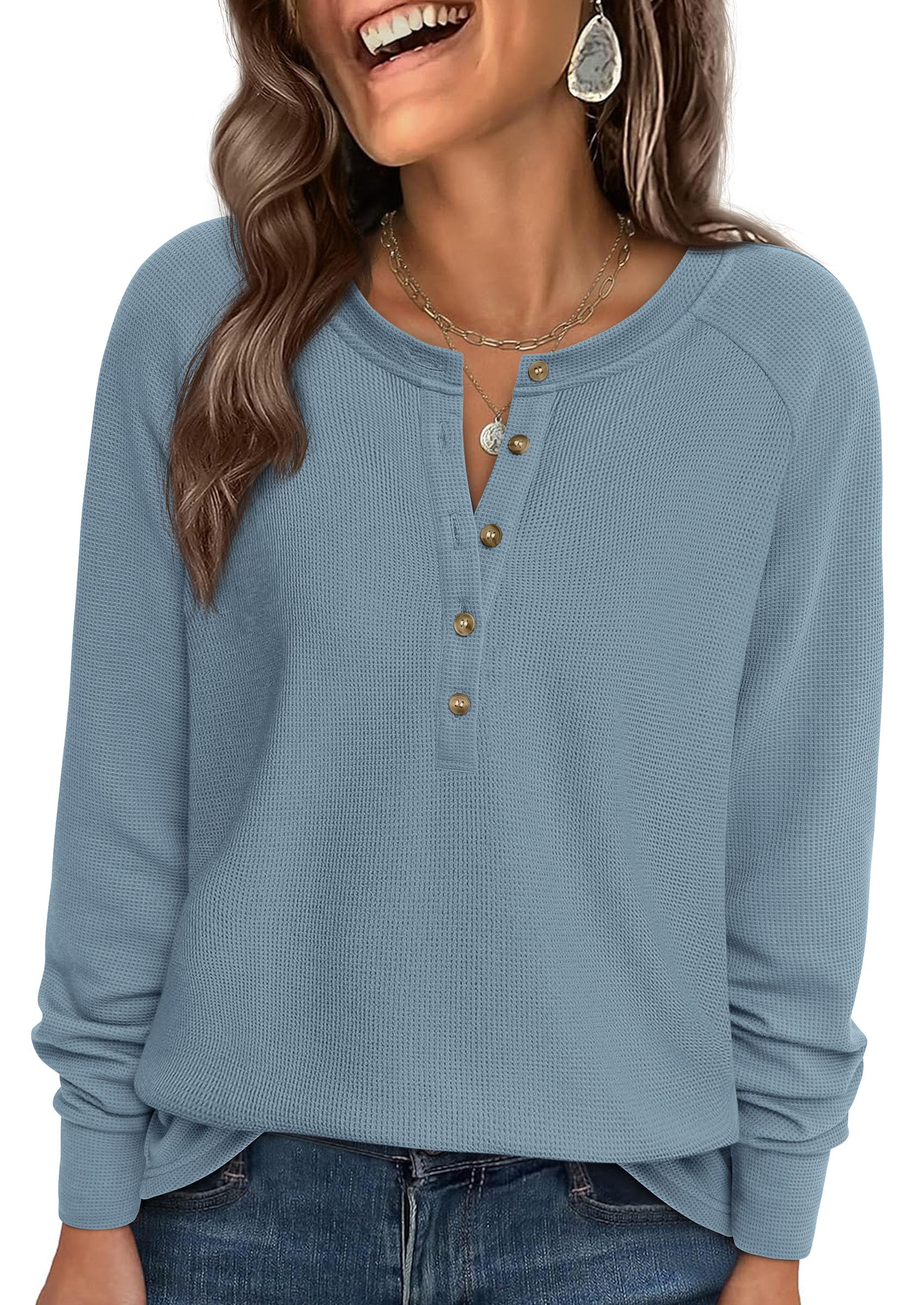 Women's Long Sleeve Waffle Knit Henley Shirts Loose Tunic Tops