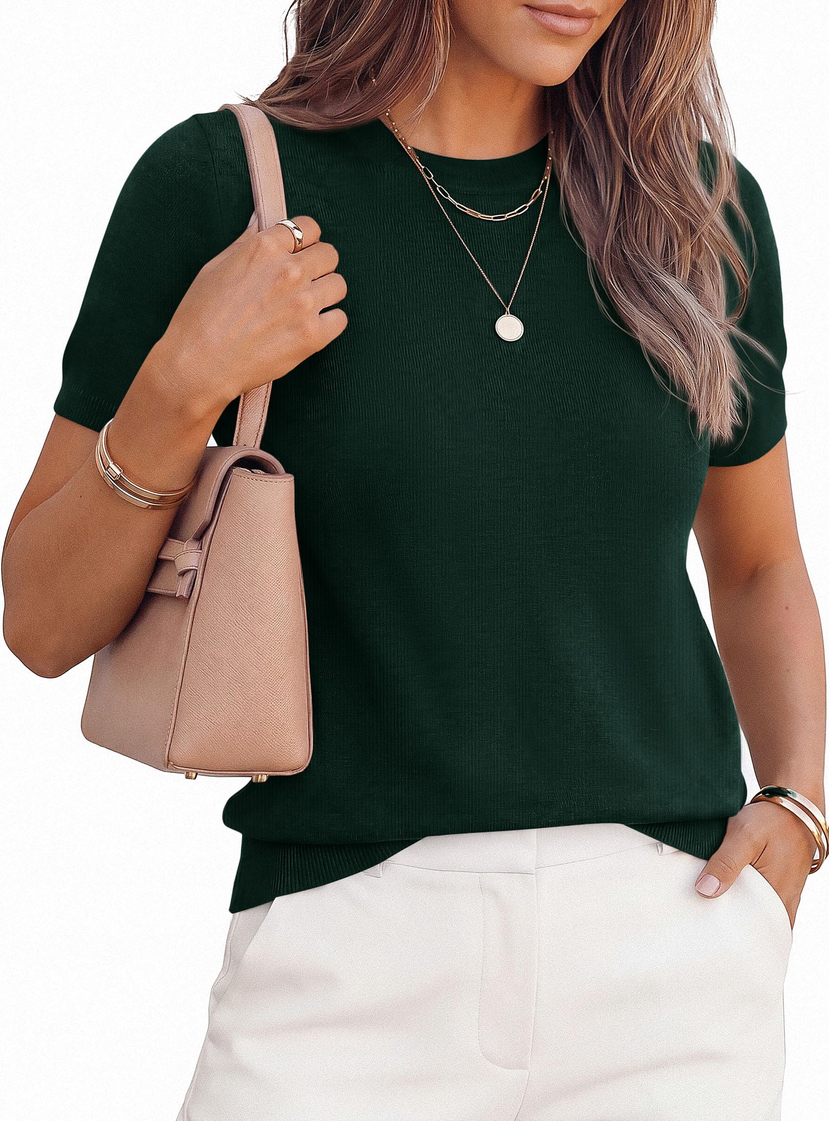 Women's Short Sleeve Sweaters Summer Tops,Dark Green,S
