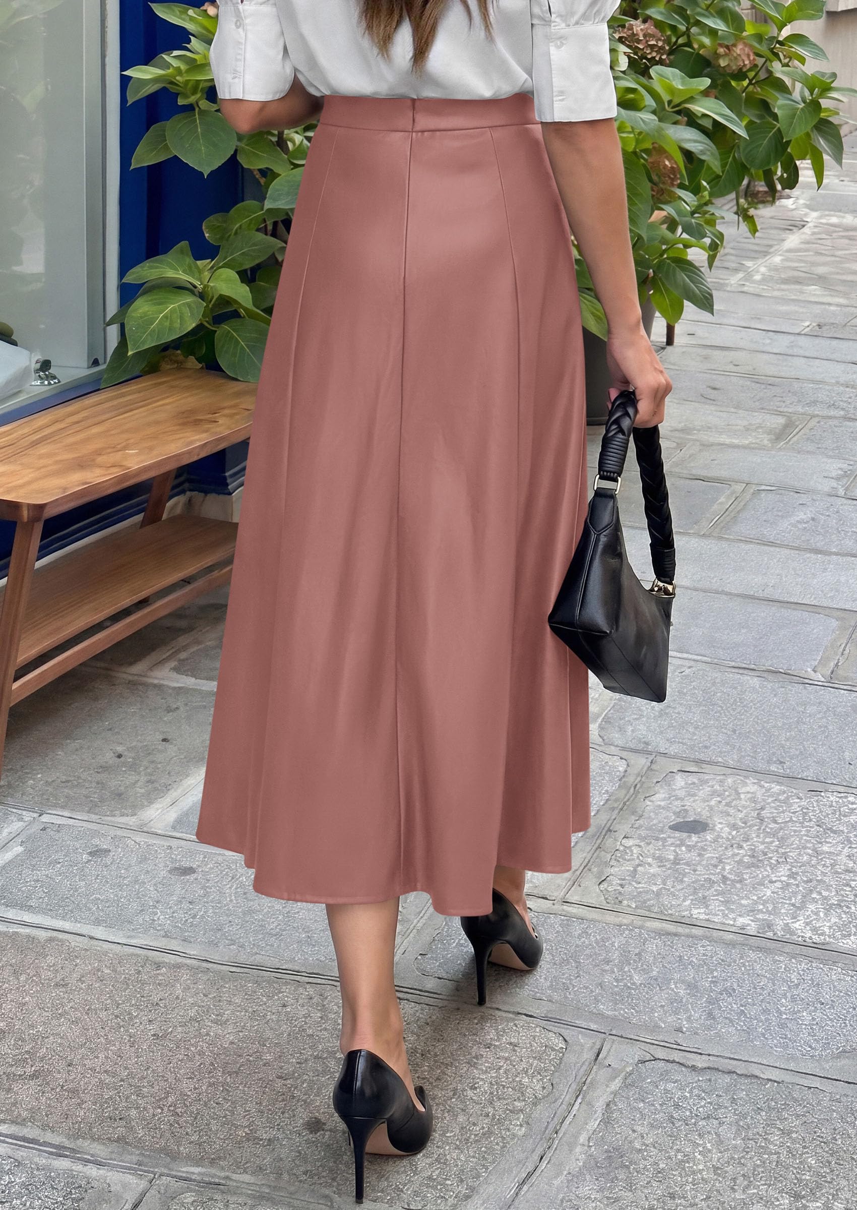 Womens Faux Leather High Waisted Midi Skirt,Dusty Pink,M