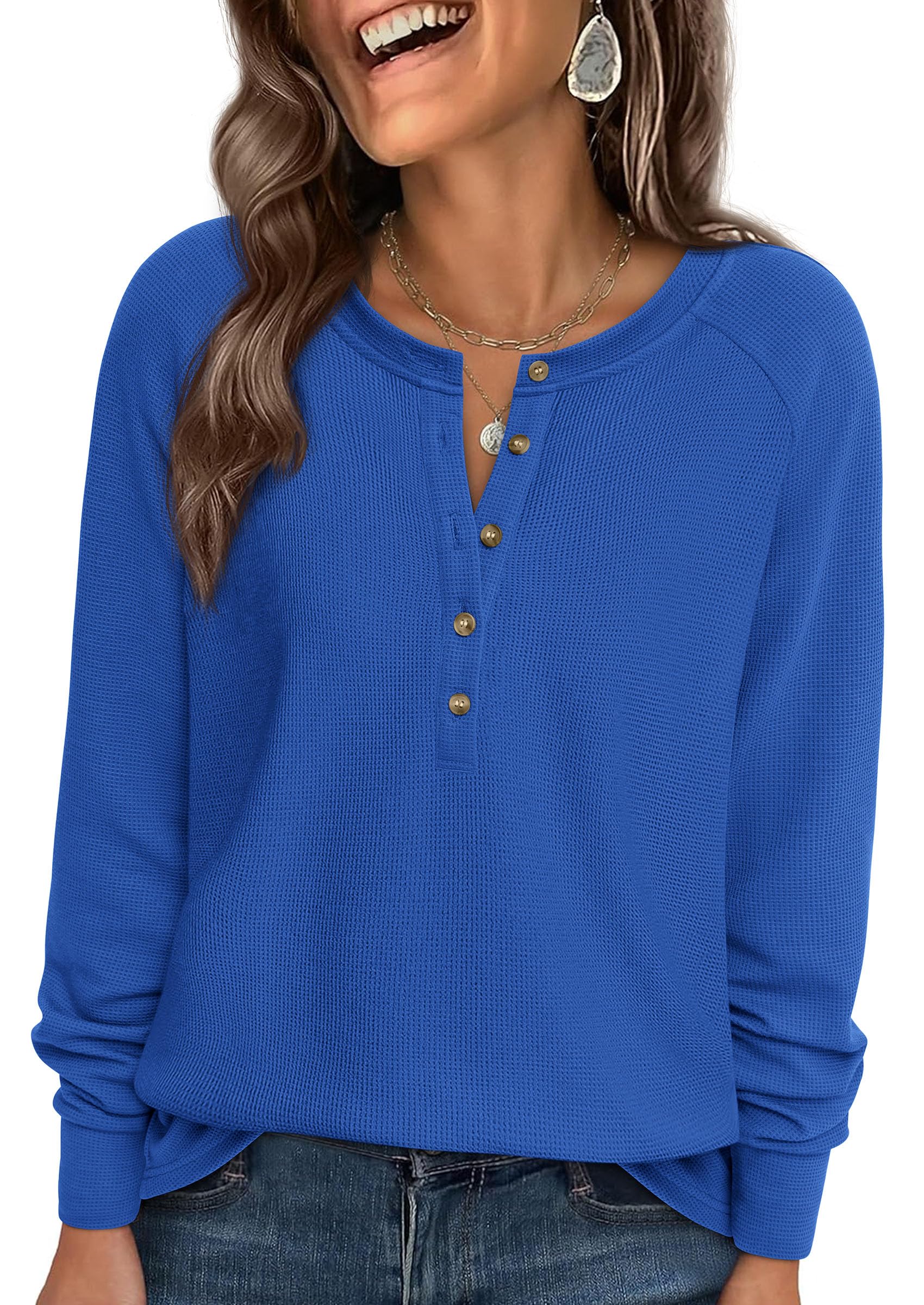 Women's Long Sleeve Waffle Knit Henley Shirts Loose Tunic Tops