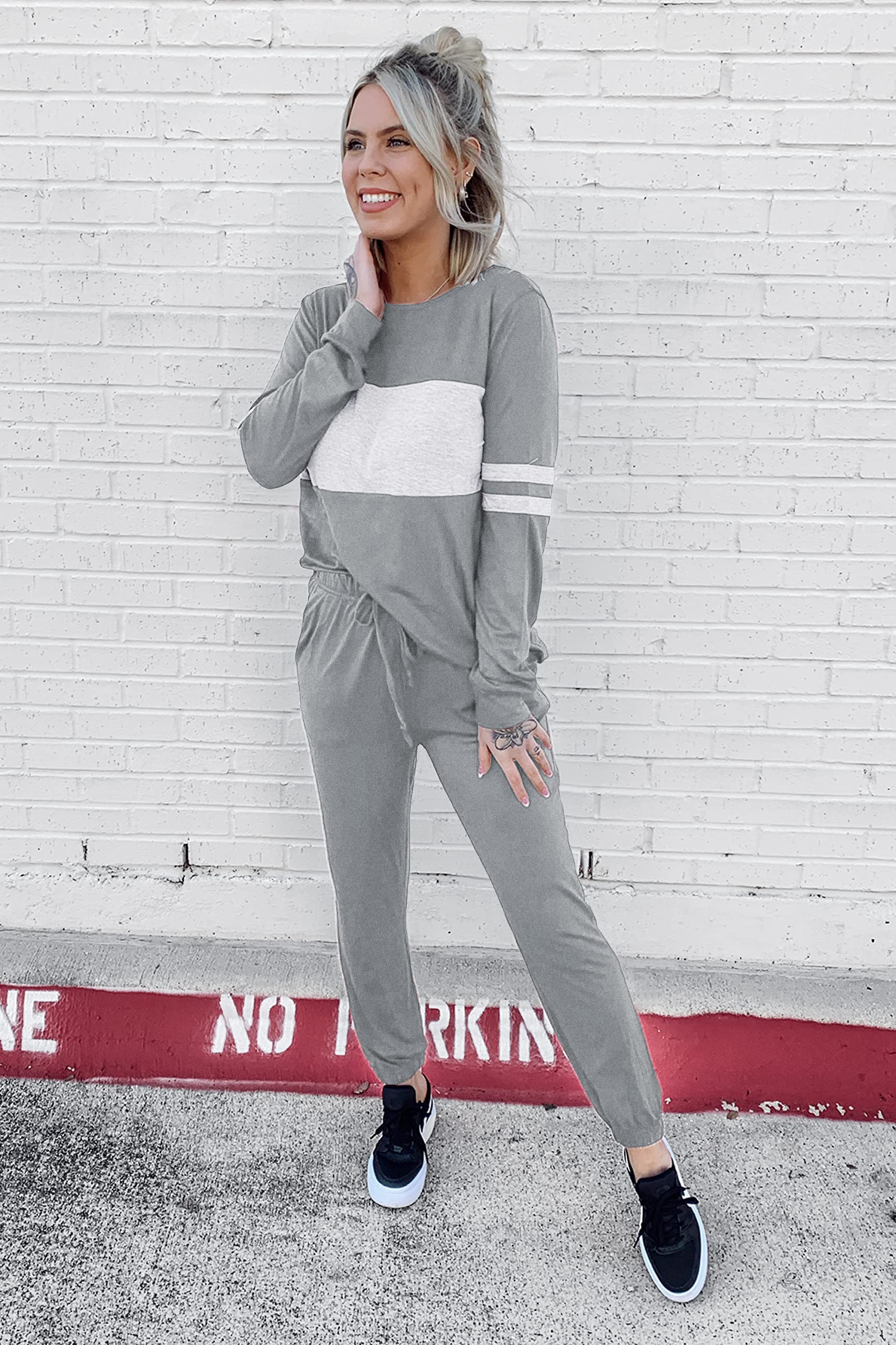 Women Color Block 2 Piece Sets Tracksuit,Light Grey,S