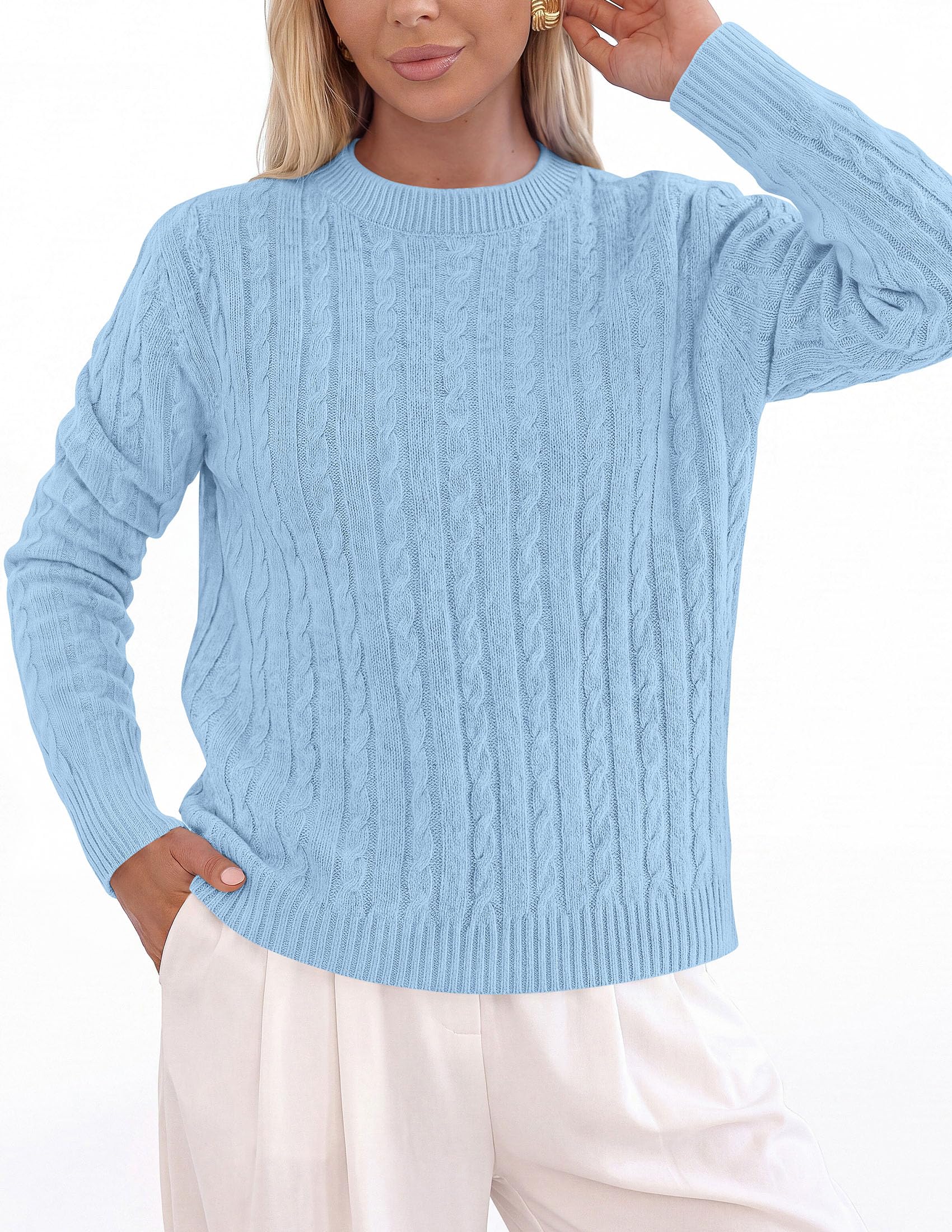 Womens Cable Knit Crewneck Fall Sweater Long Sleeve Tops 2026