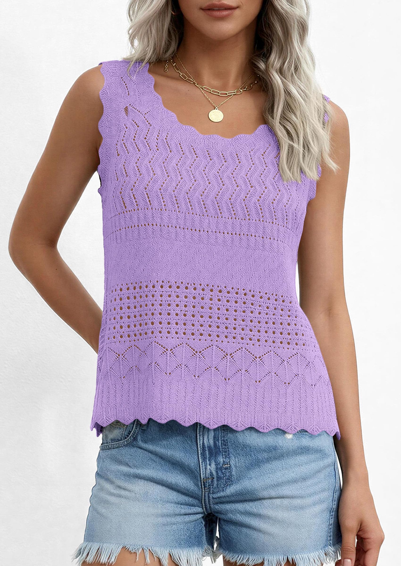 Womens Crochet Tank Tops Knit Sleeveless Vest,Purple,S