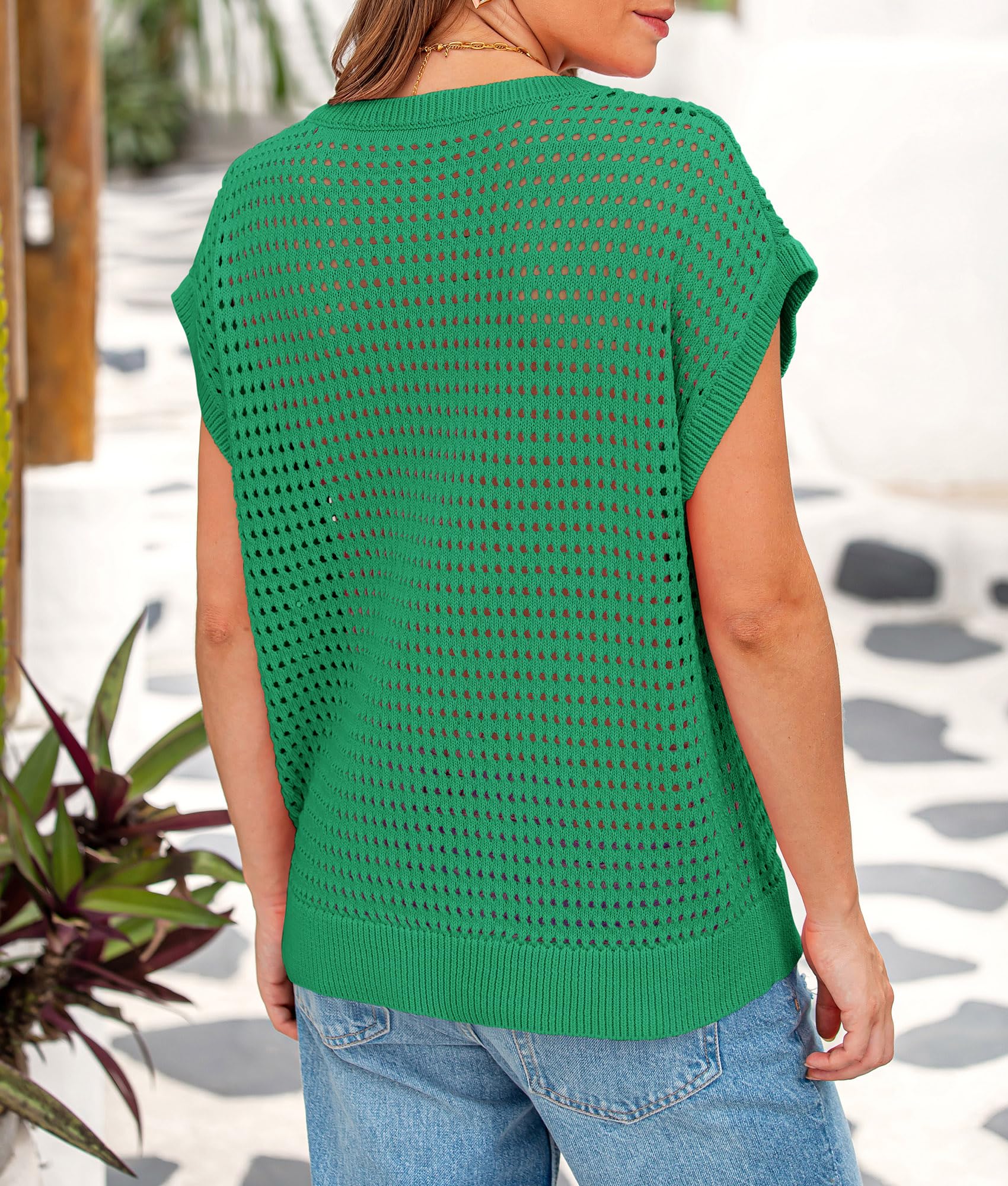 Women's Summer Crochet Cap Sleeve Sweater Tops,Green,S