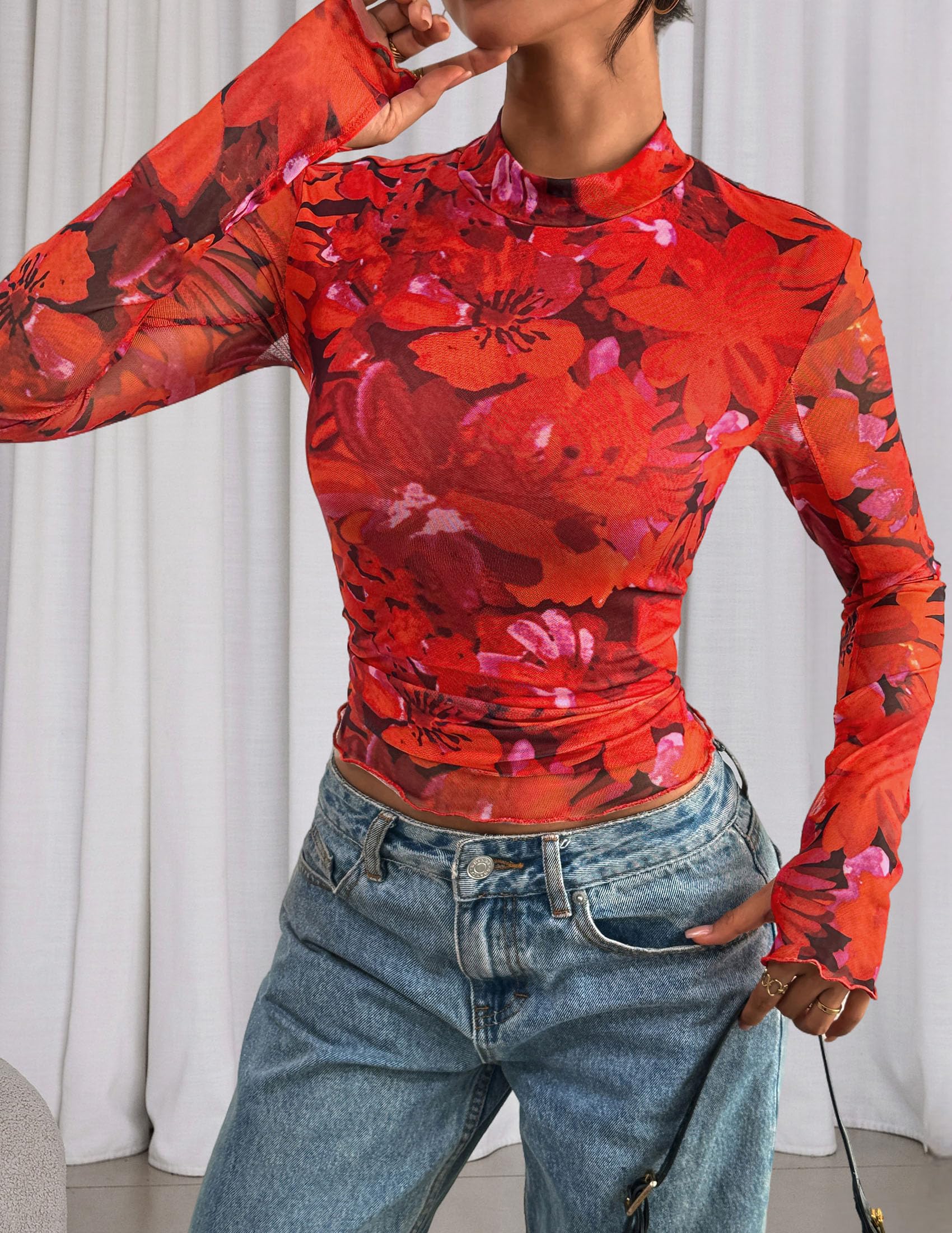 Womens Floral Mesh Long Sleeve Tops Fall Slim Fitted Shirts
