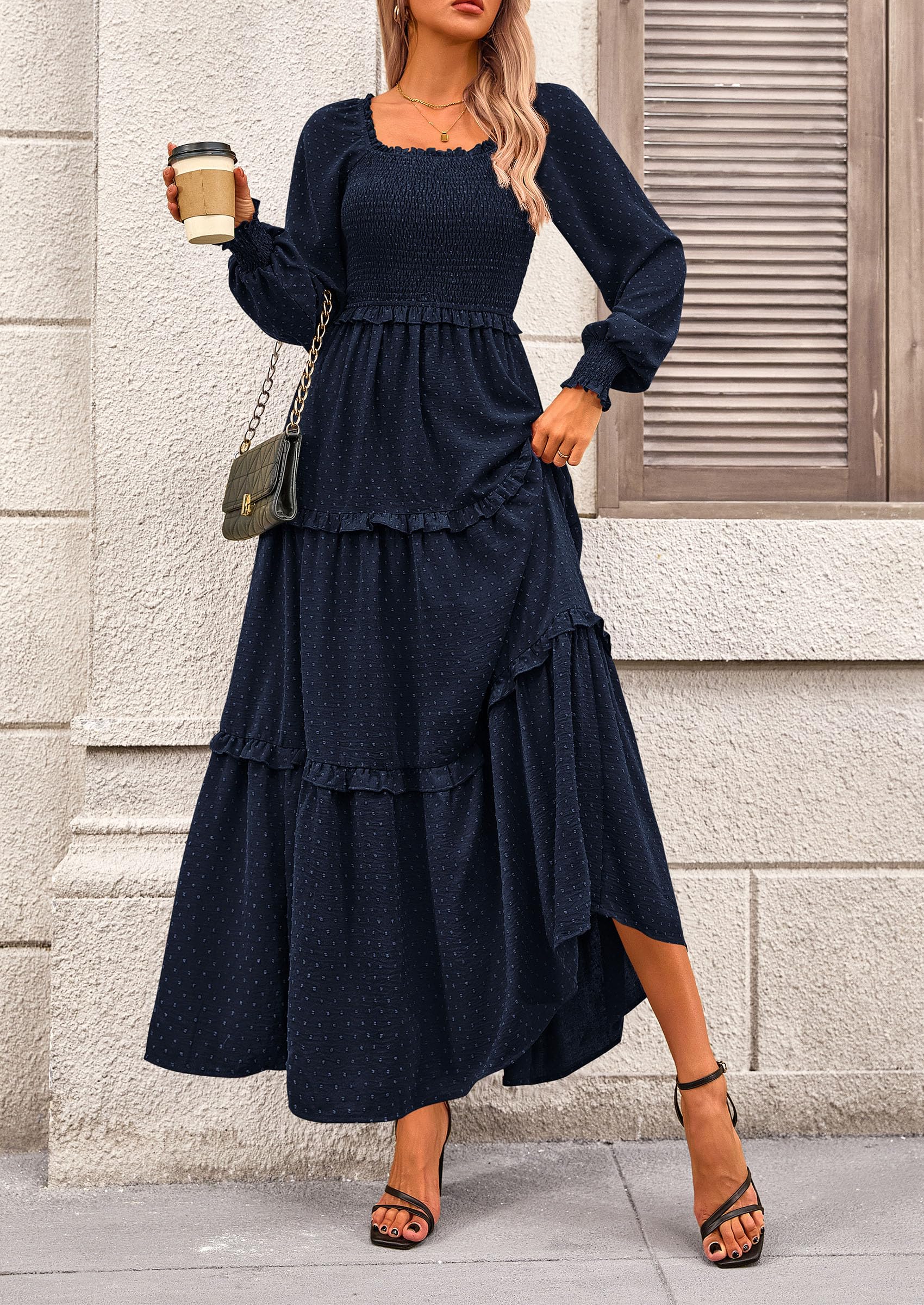 Women's Smocked Long Sleeve Maxi Dress Wedding Guest Dresses