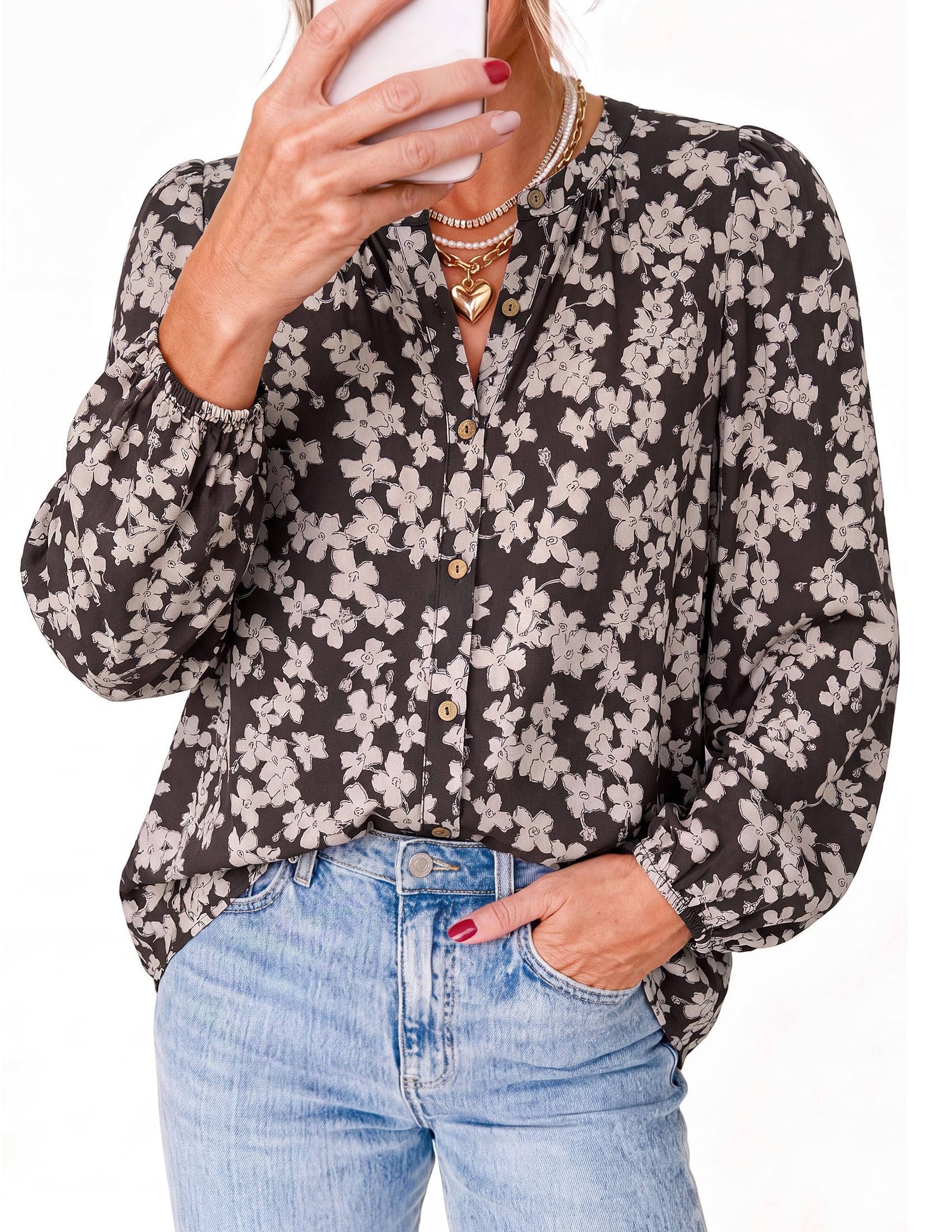 Women's Boho Tops Fall Long Sleeve Button Down Floral Blouses