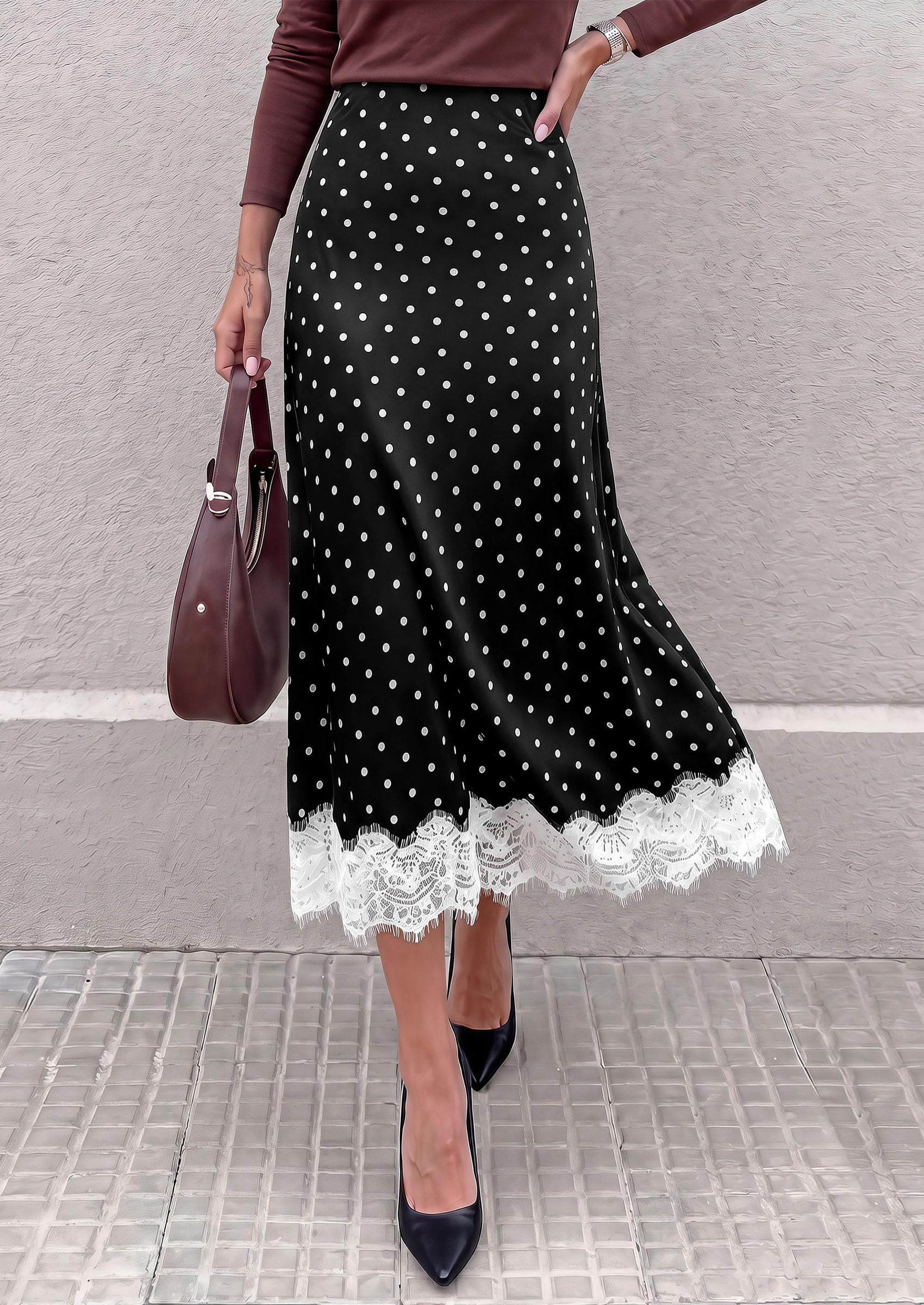 Women's Polka Dot Satin Skirt Fall Flowy Midi Leopard Skirts