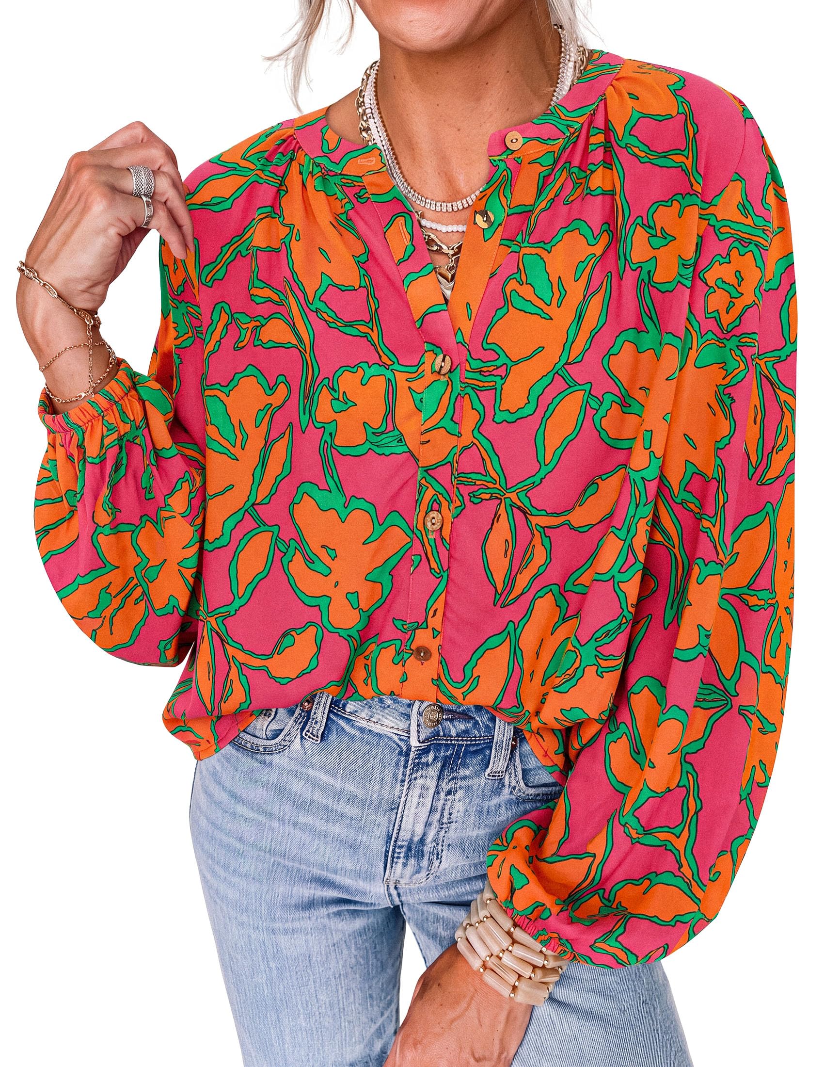 Women's Boho Tops Fall Long Sleeve Button Down Floral Blouses