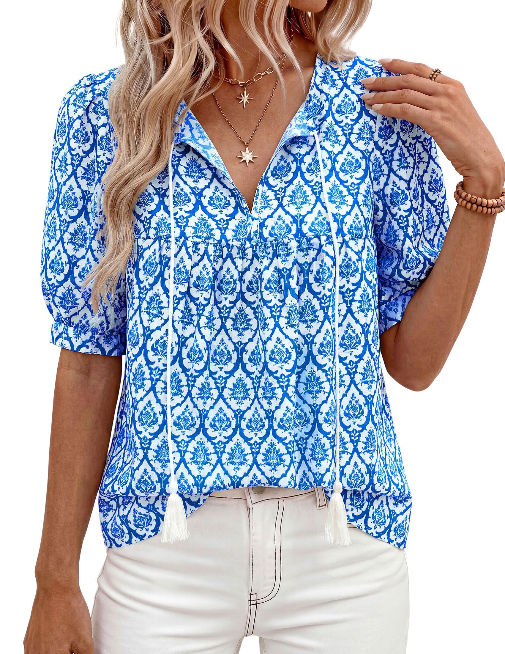 Womens Summer Boho Blouses Dressy Casual Floral Blue,S