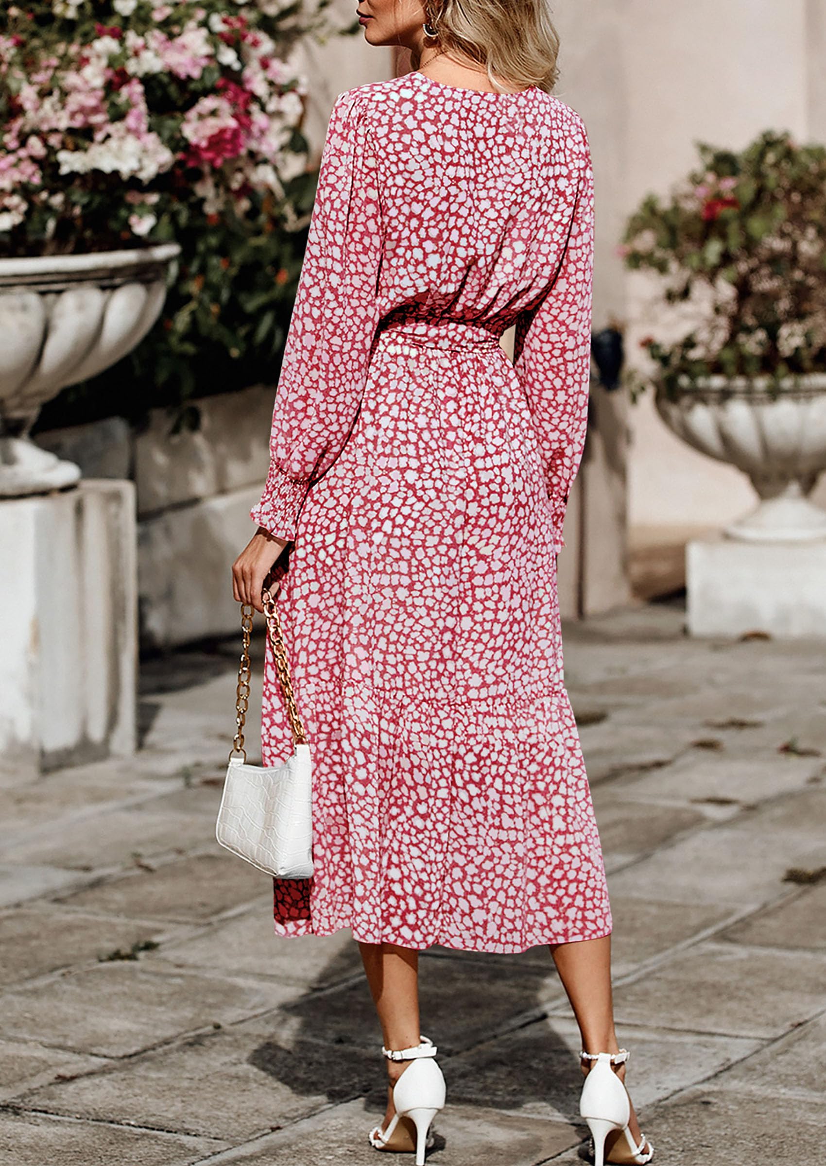 Women's Floral Boho Long Sleeve Maxi Dress, Wine Red,S