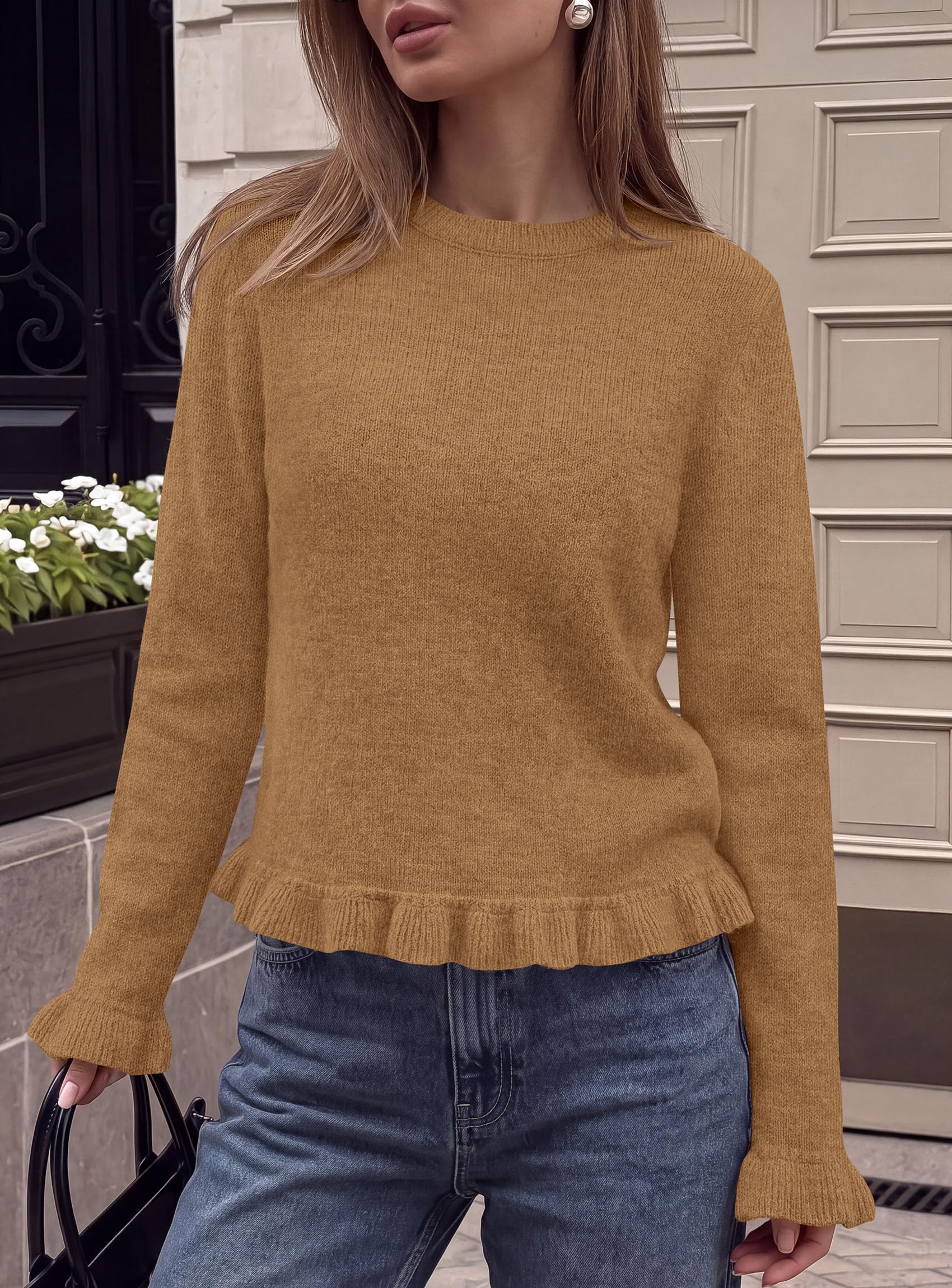 Women's Ruffle Sweaters Fall Fashion Cozy Knit Pullover Khaki