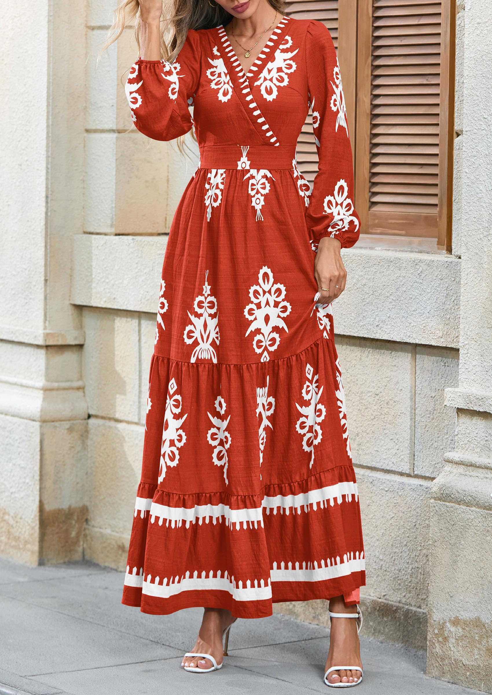 Women's Long Sleeve Floral Boho Maxi Wedding Guest Dress