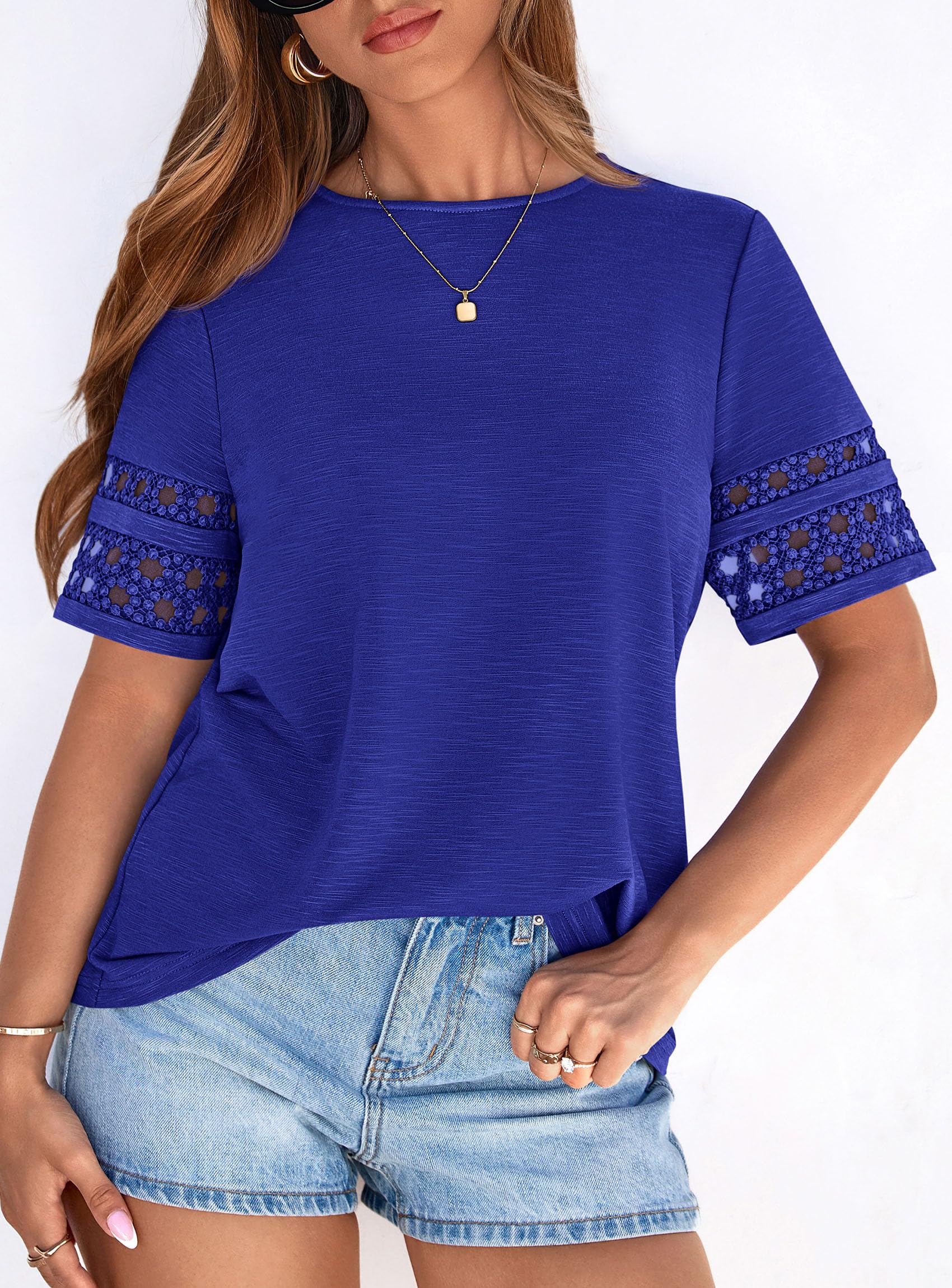 Women's Summer Short Sleeve Lace Trim T-Shirts,Royal Blue,S