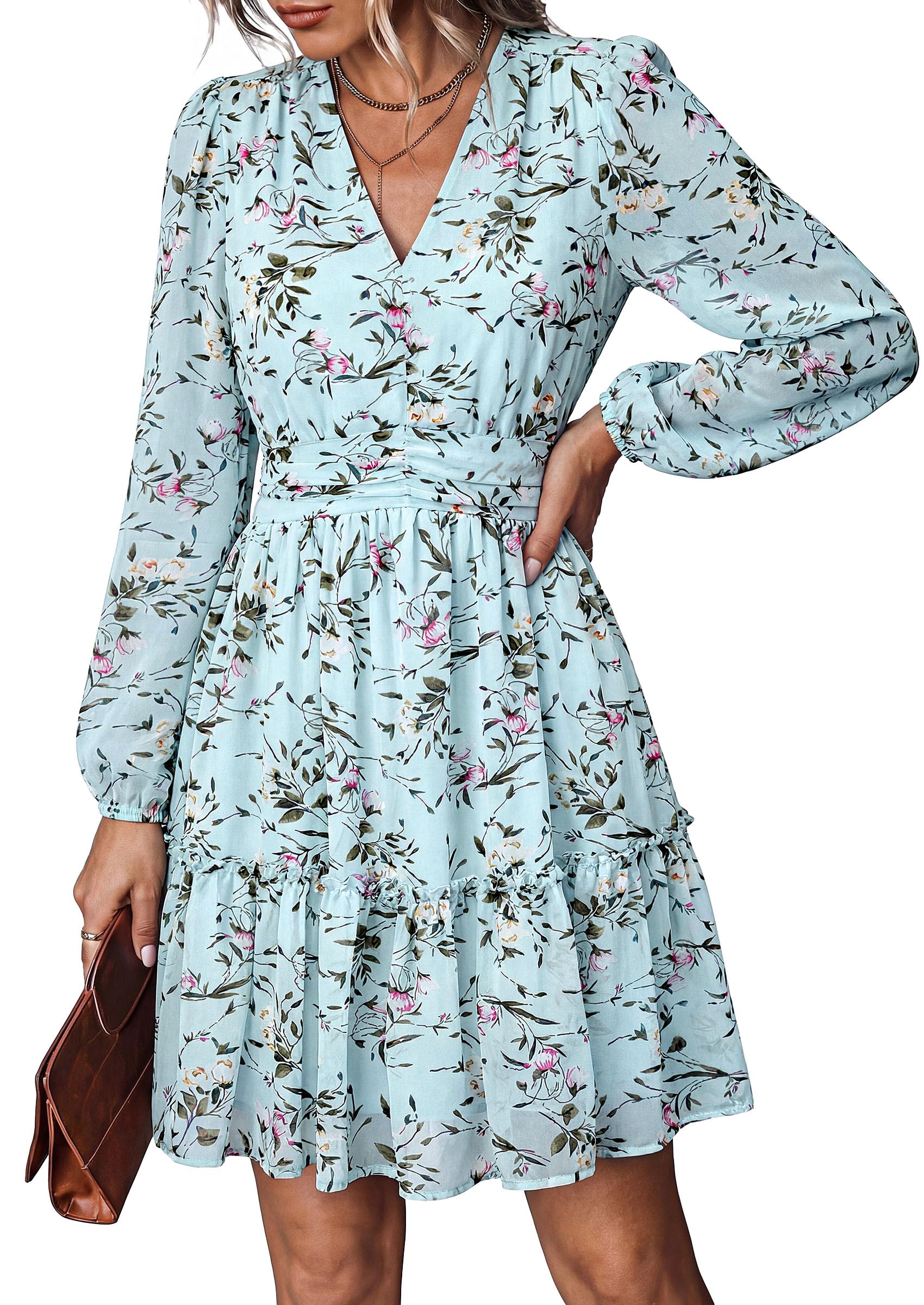 Women Floral Long Sleeve Mini Dress Fall Wedding Guest Dresses