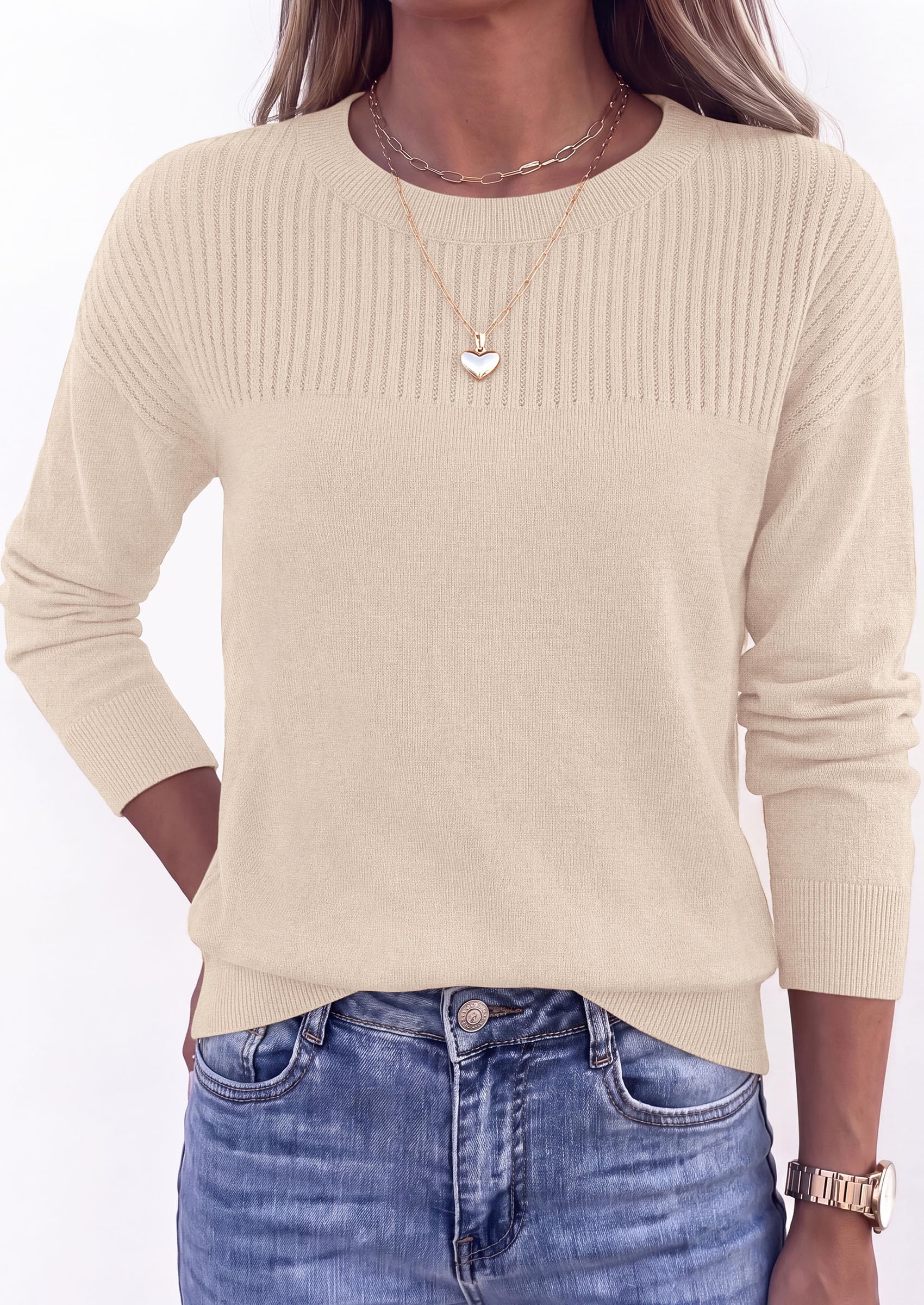 Sweaters for Women Fall Crewneck Knit Cropped Sweater Apricot