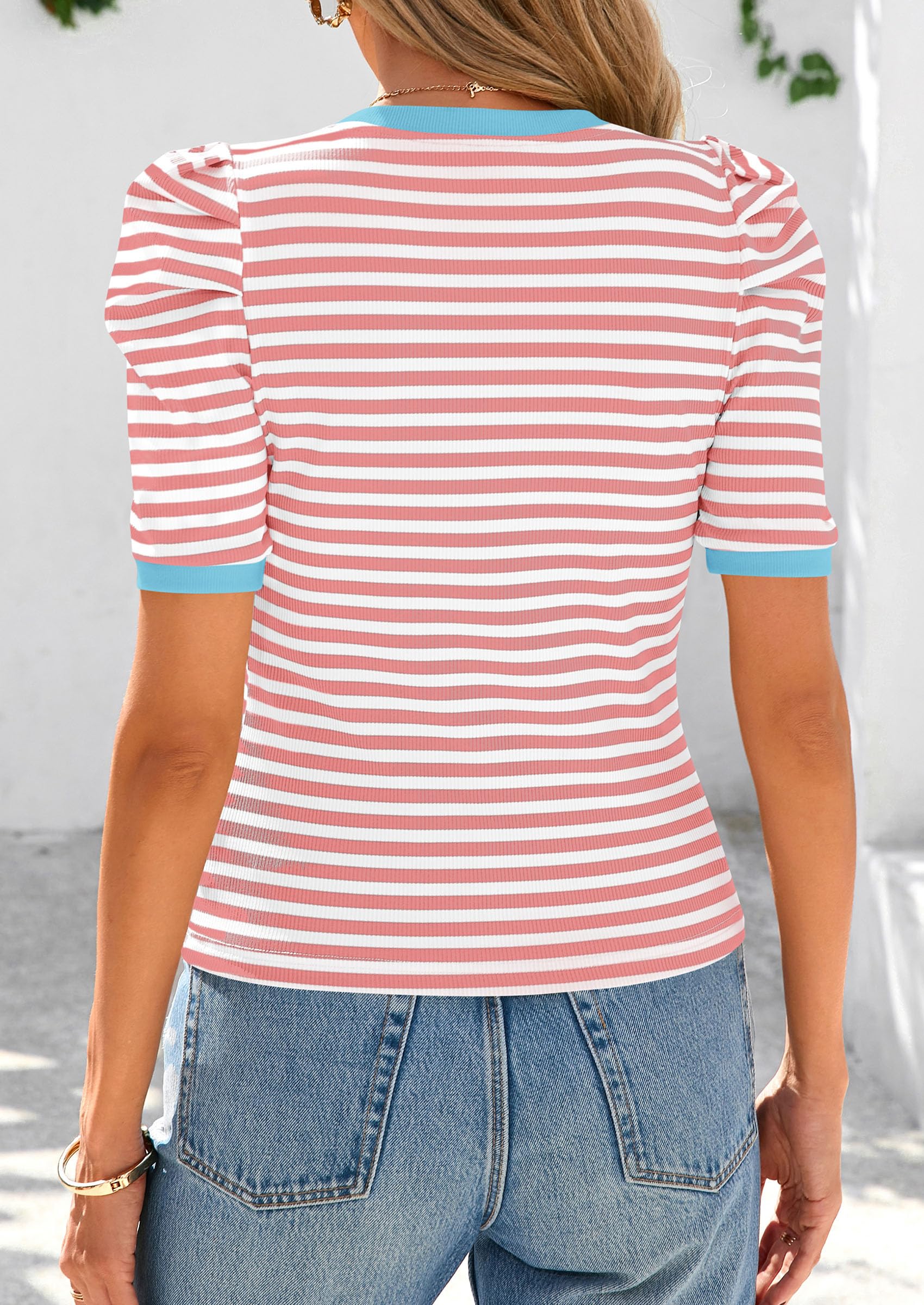 Ribbed Puff Short Sleeve Tops for Women Striped Shirt Pink,M