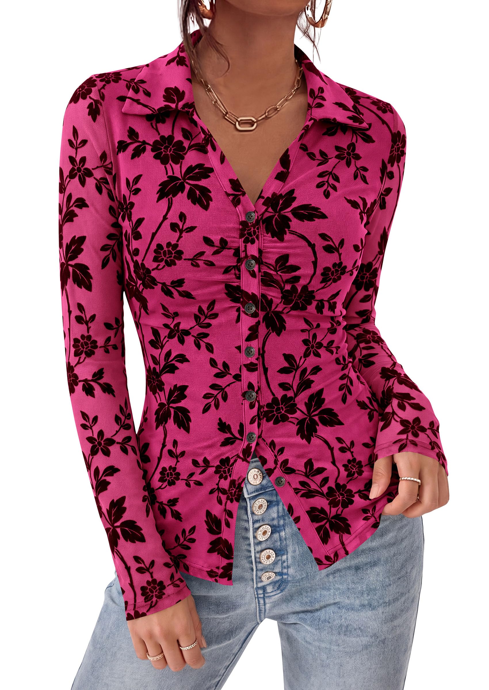 Women's Long Sleeve Floral Mesh Boho Tops Button Down Shirts