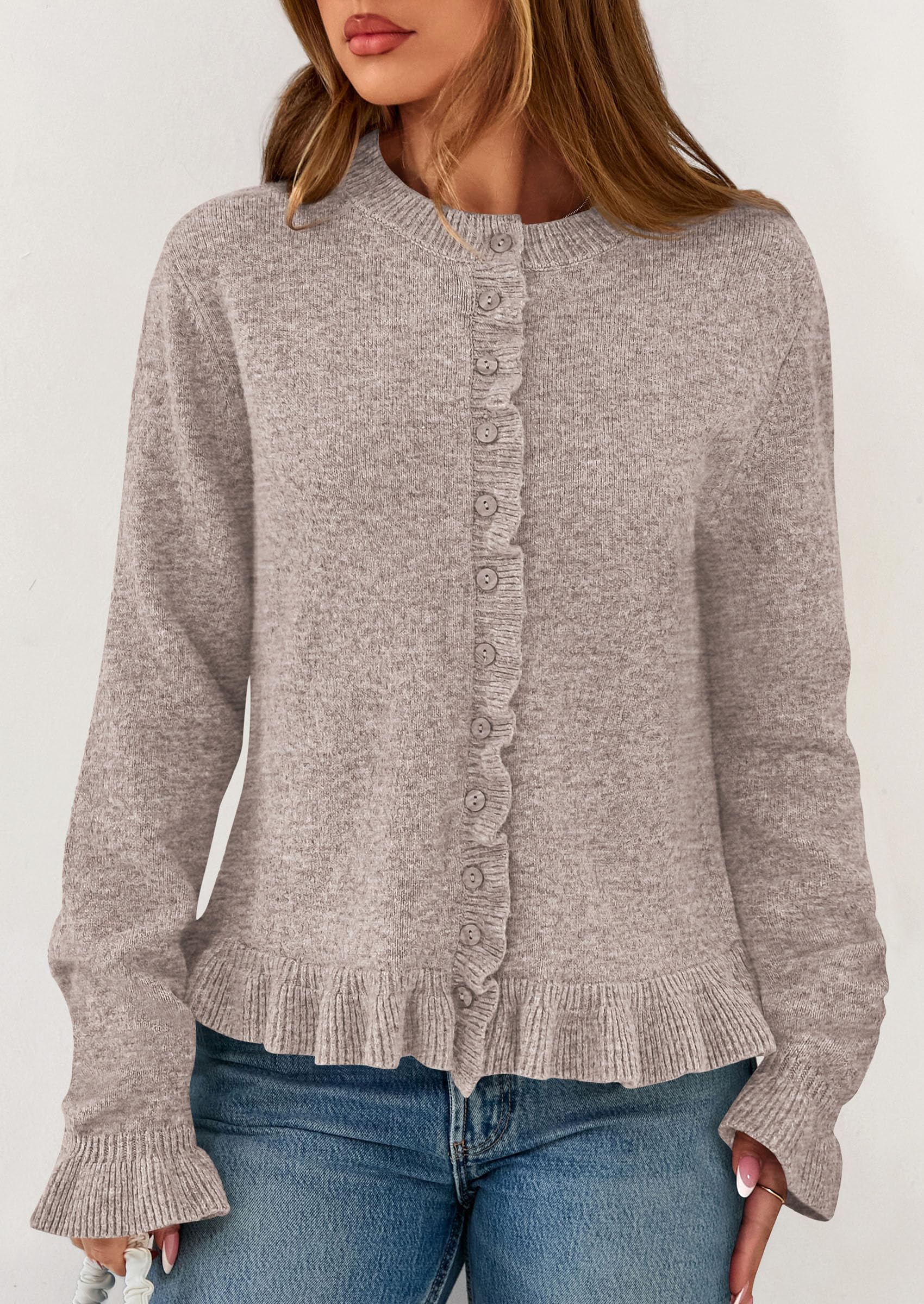 Womens Ruffle Button Down Cardigan Sweaters,Oatmeal,S