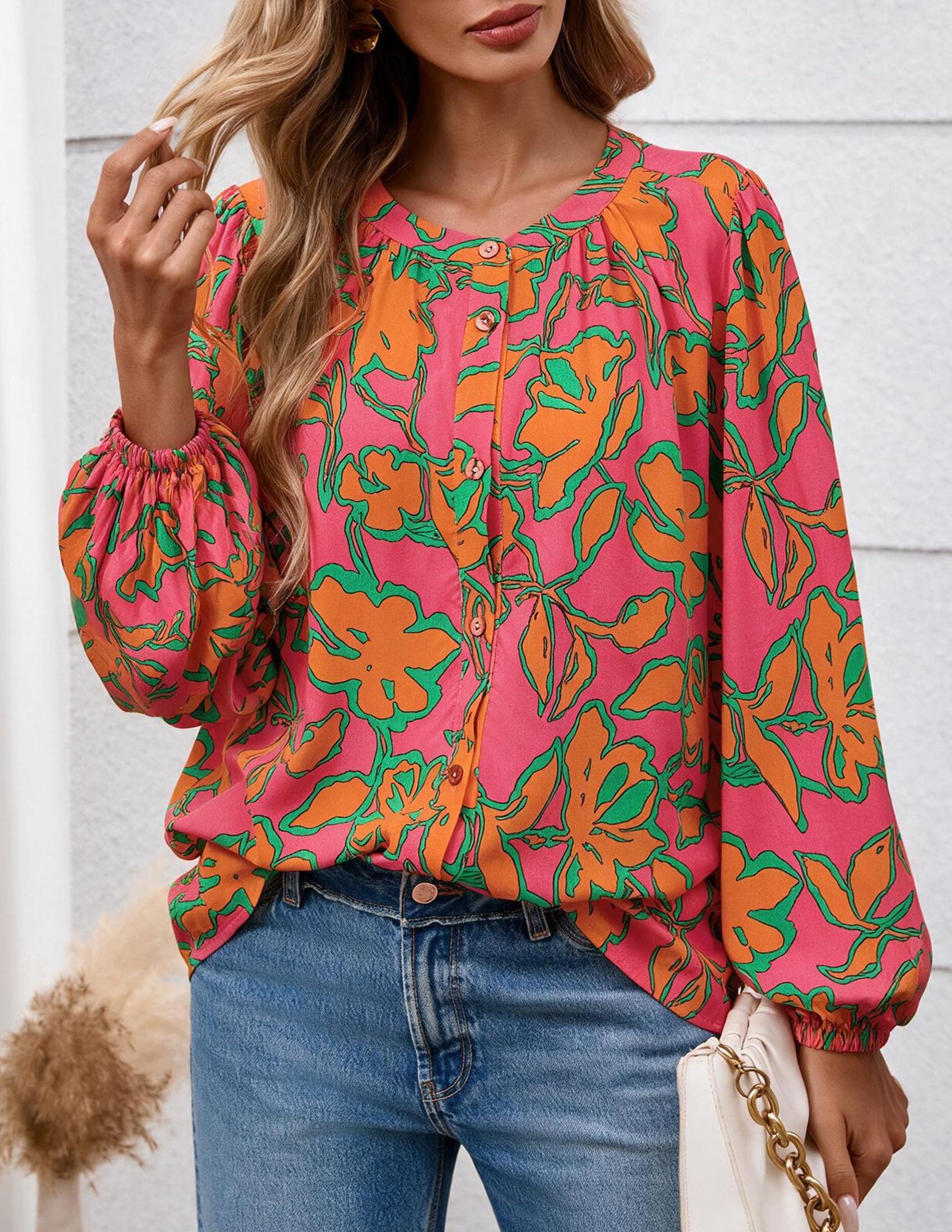 Women's Boho Tops Fall Long Sleeve Button Down Floral Blouses
