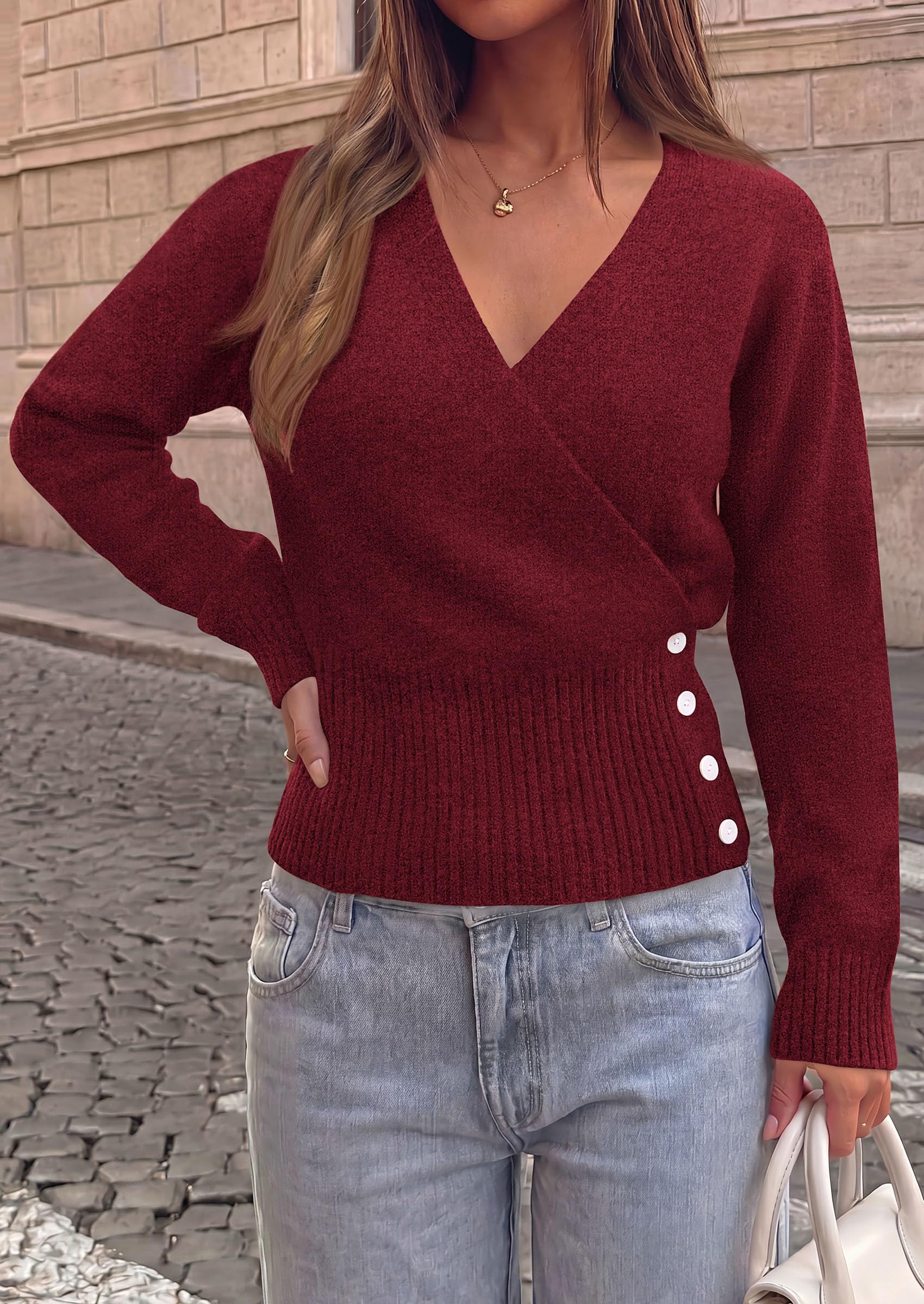 Women V Neck Wrap Sweater Cropped Tops (Wine Red,S)