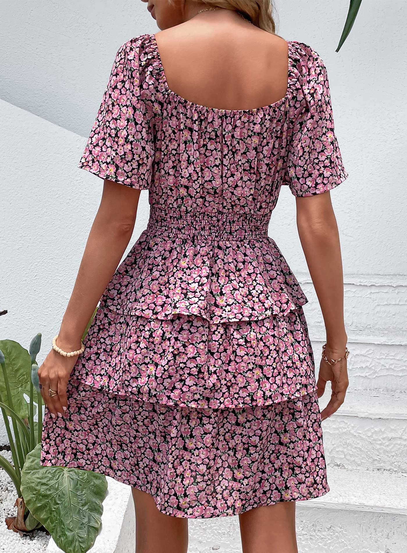 Women's Summer Floral Ruffle Short Dress Black Pink Floral,S