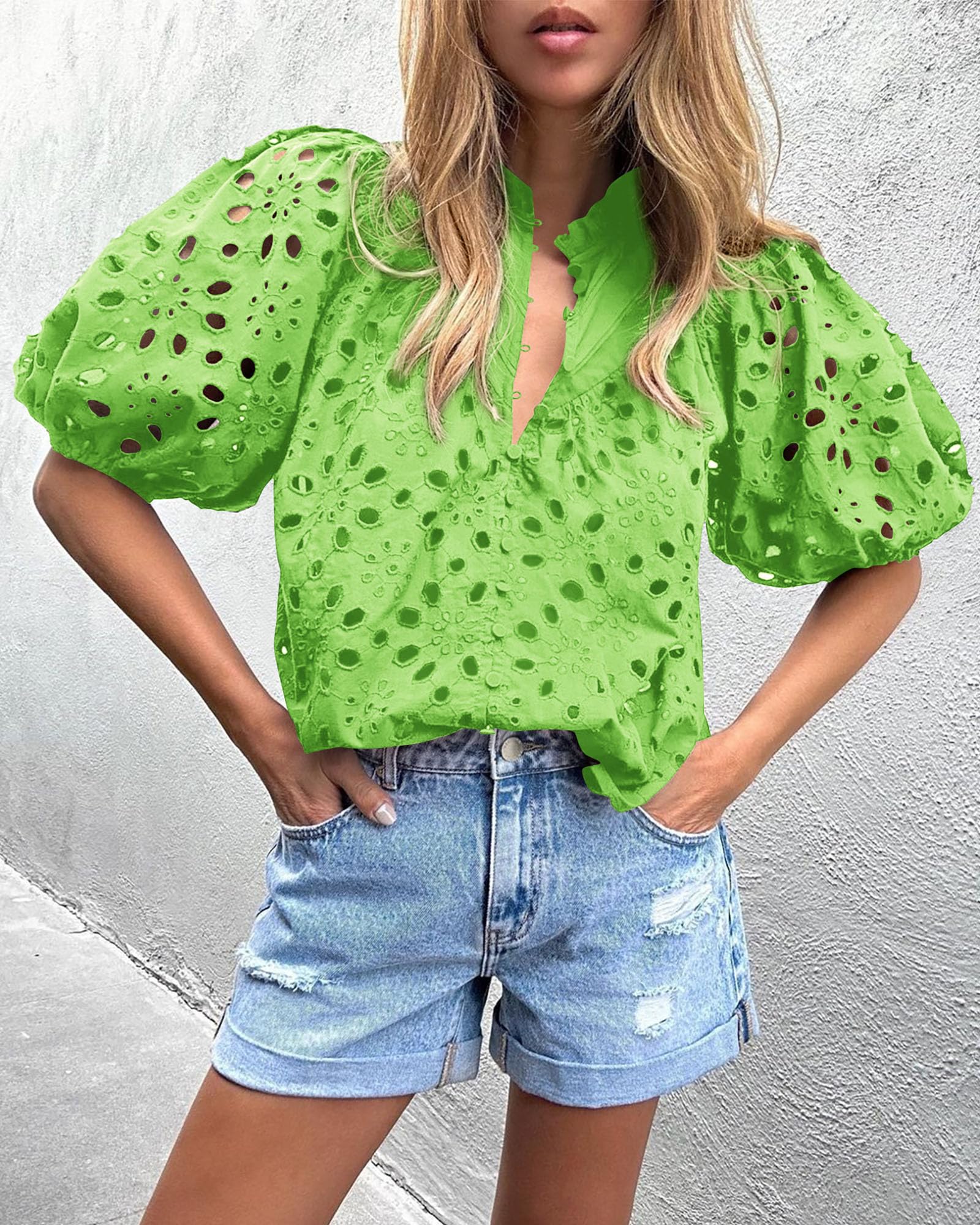 Womens Tops Boho Eyelet Puff Sleeve Blouse, Grass Green,S