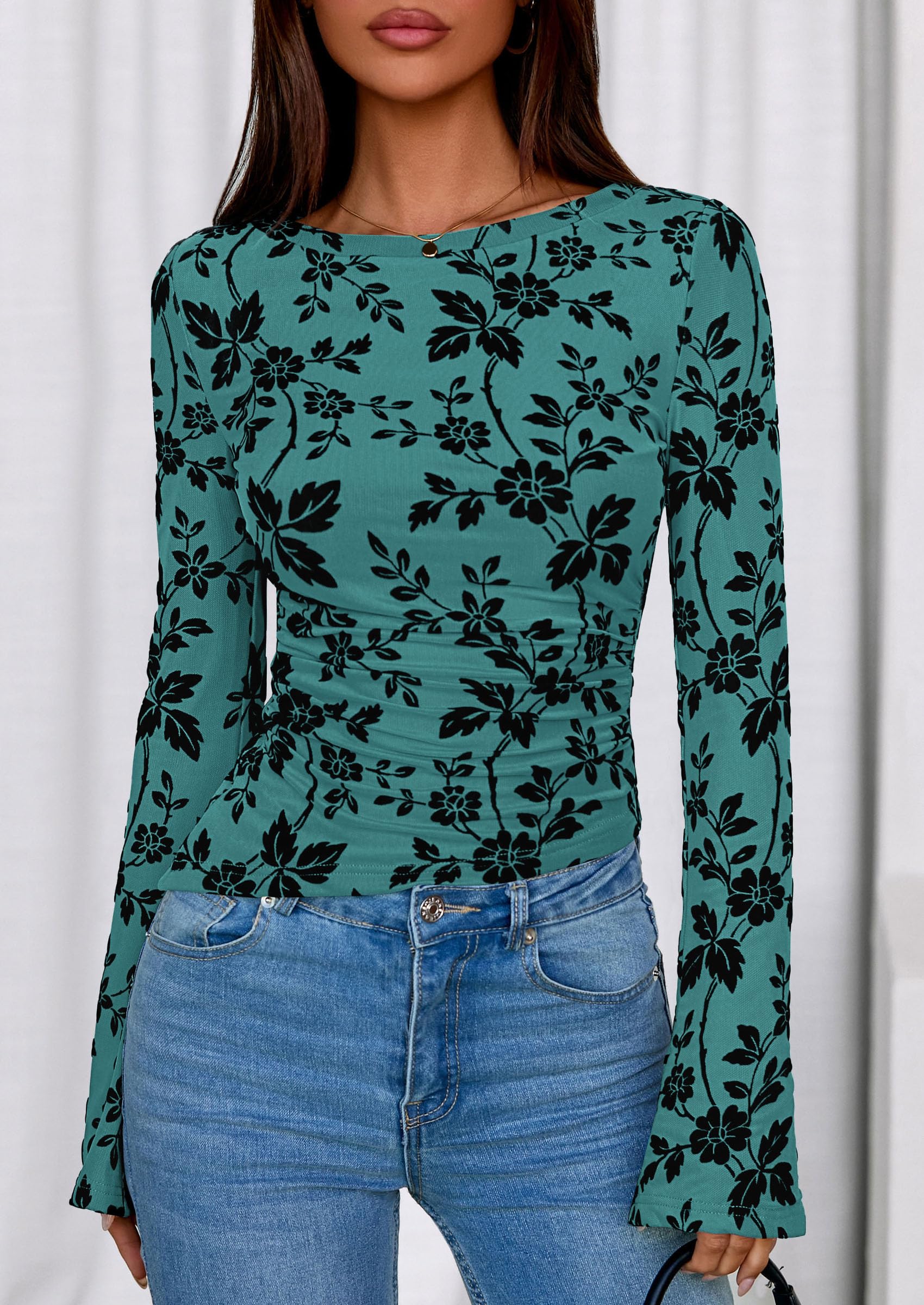 Women's Long Bell Sleeve Y2K Tops Boho Floral Mesh Blouses