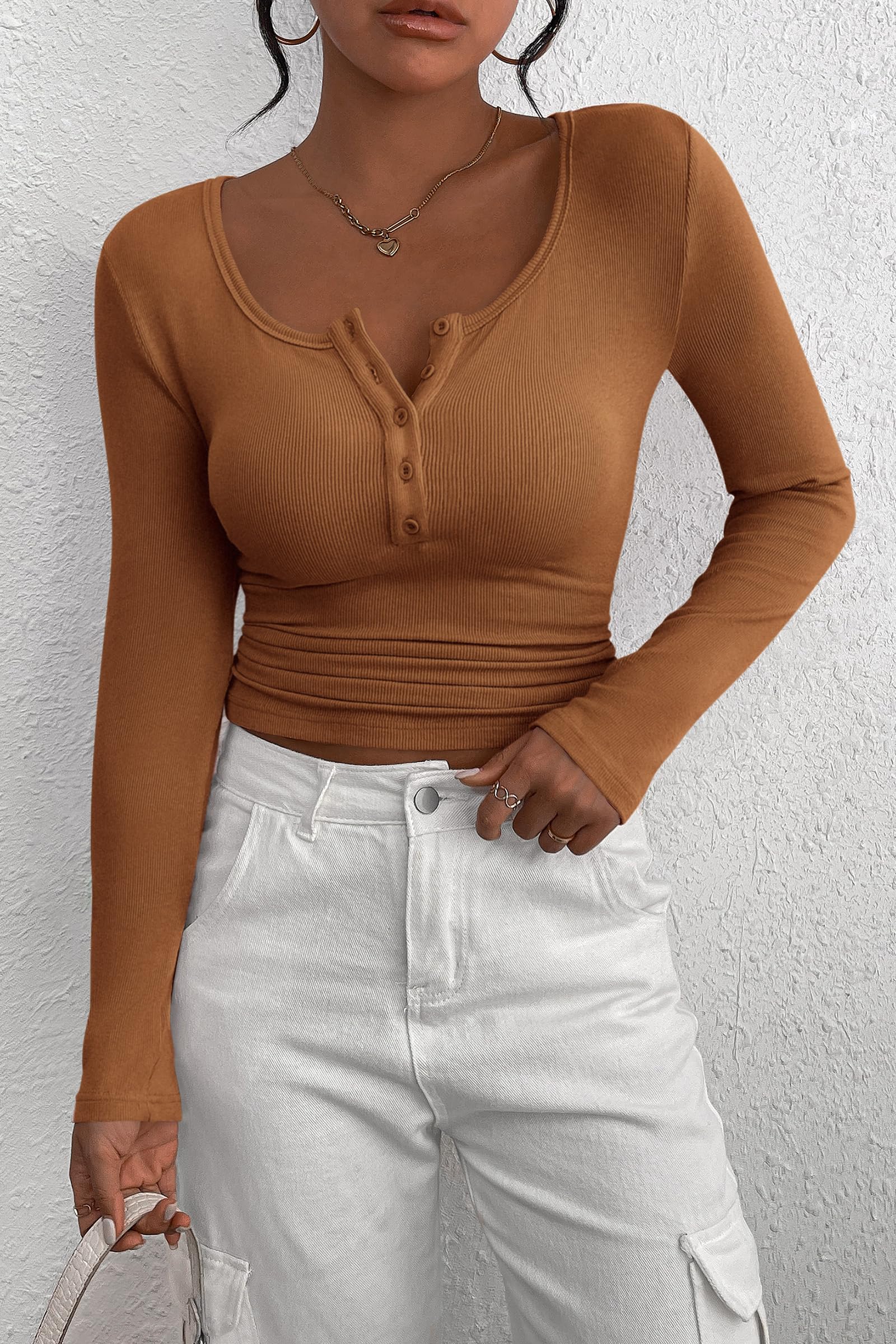 Women's Fall Long Sleeve Henley T Shirts Khaki