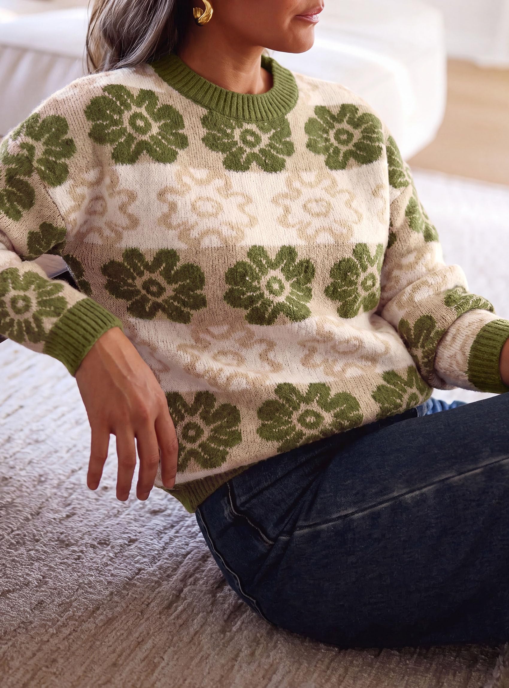 Women's Floral Crewneck Sweater Knit Pullover,Army Green,S