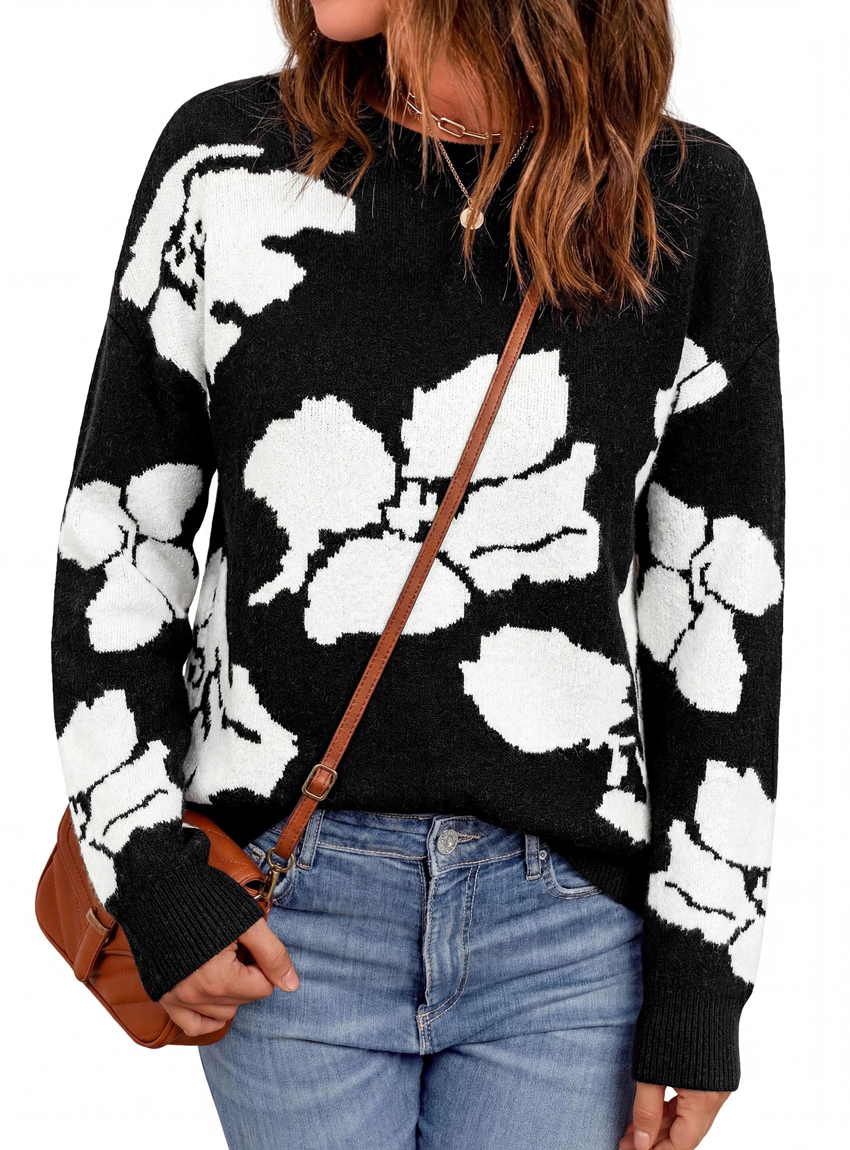 Womens Floral Sweater Crewneck Printed Pullover Tops Black