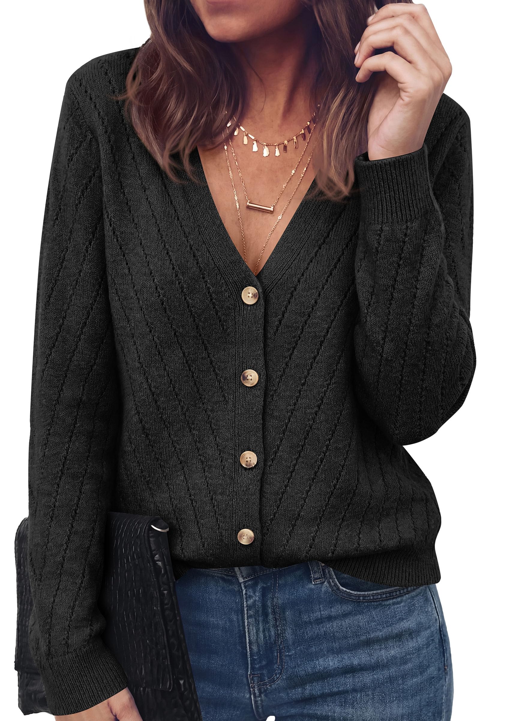 Women's Cozy Cardigan Sweater with Button (Black,S)