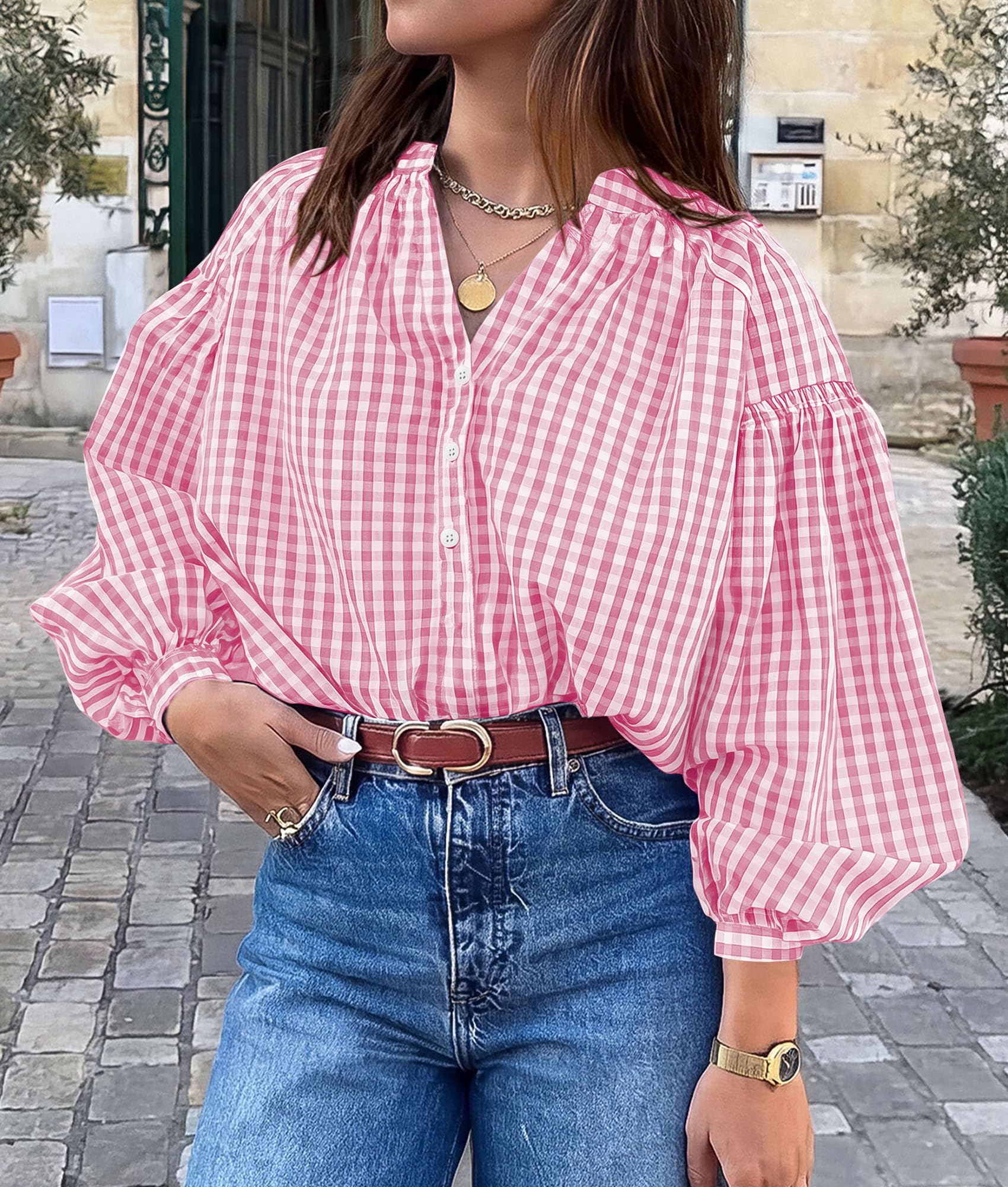 Women Fall Plaid Long Puff Sleeve Shirts V Neck Casual Blouses