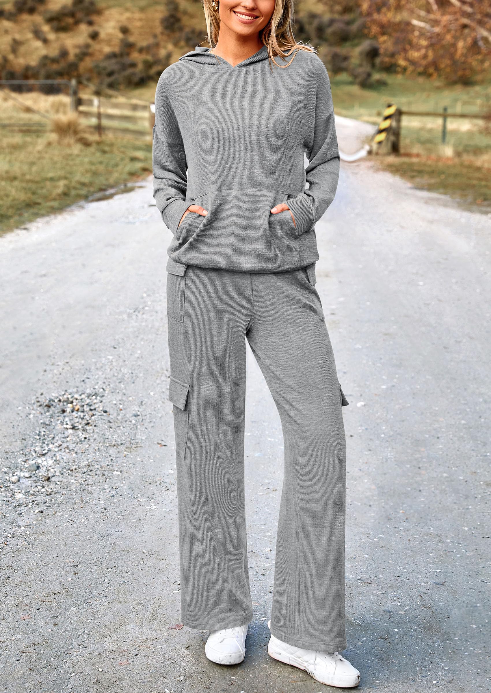 2 Piece Sets For Women Fall 2025 Sweatsuits Outfits Lounge Matching Hoodie Set Travel Track Suits Winter Clothes (Grey,Medium)