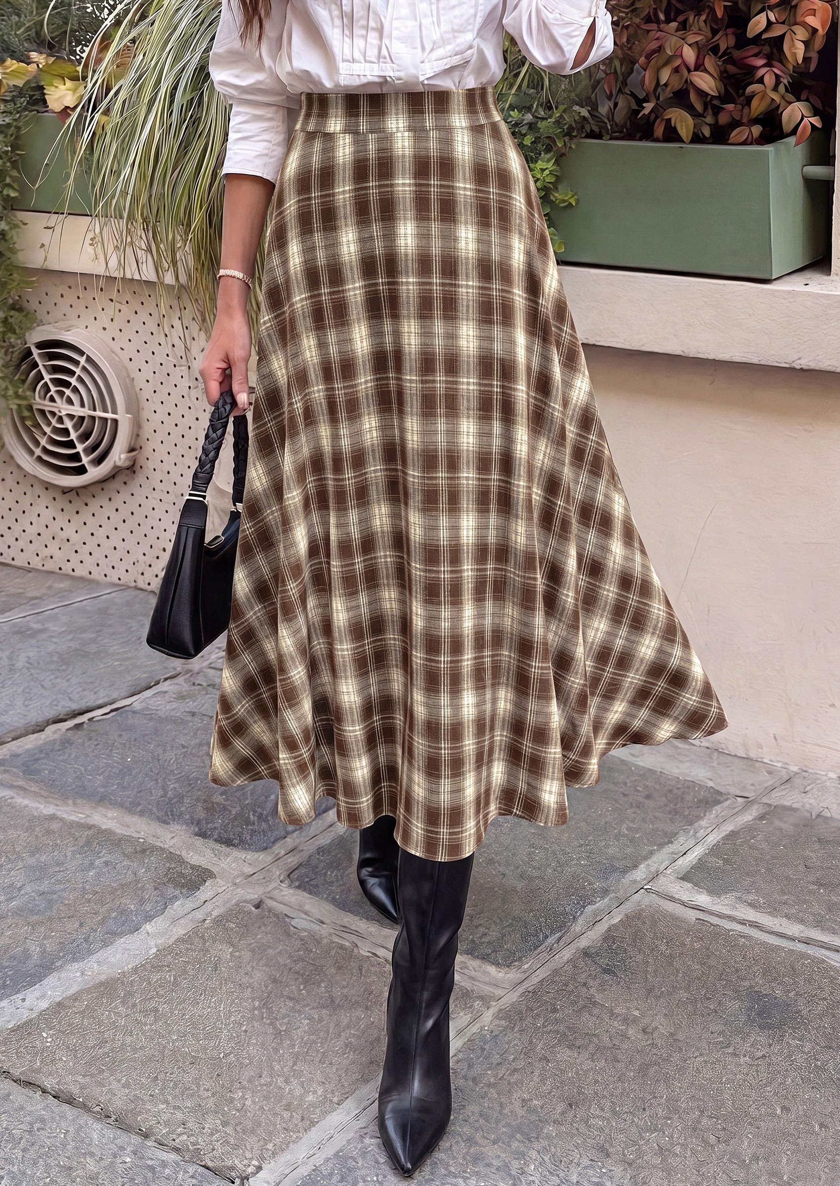 Women's Plaid High Waisted A-Line Midi Skirts,Khaki,S