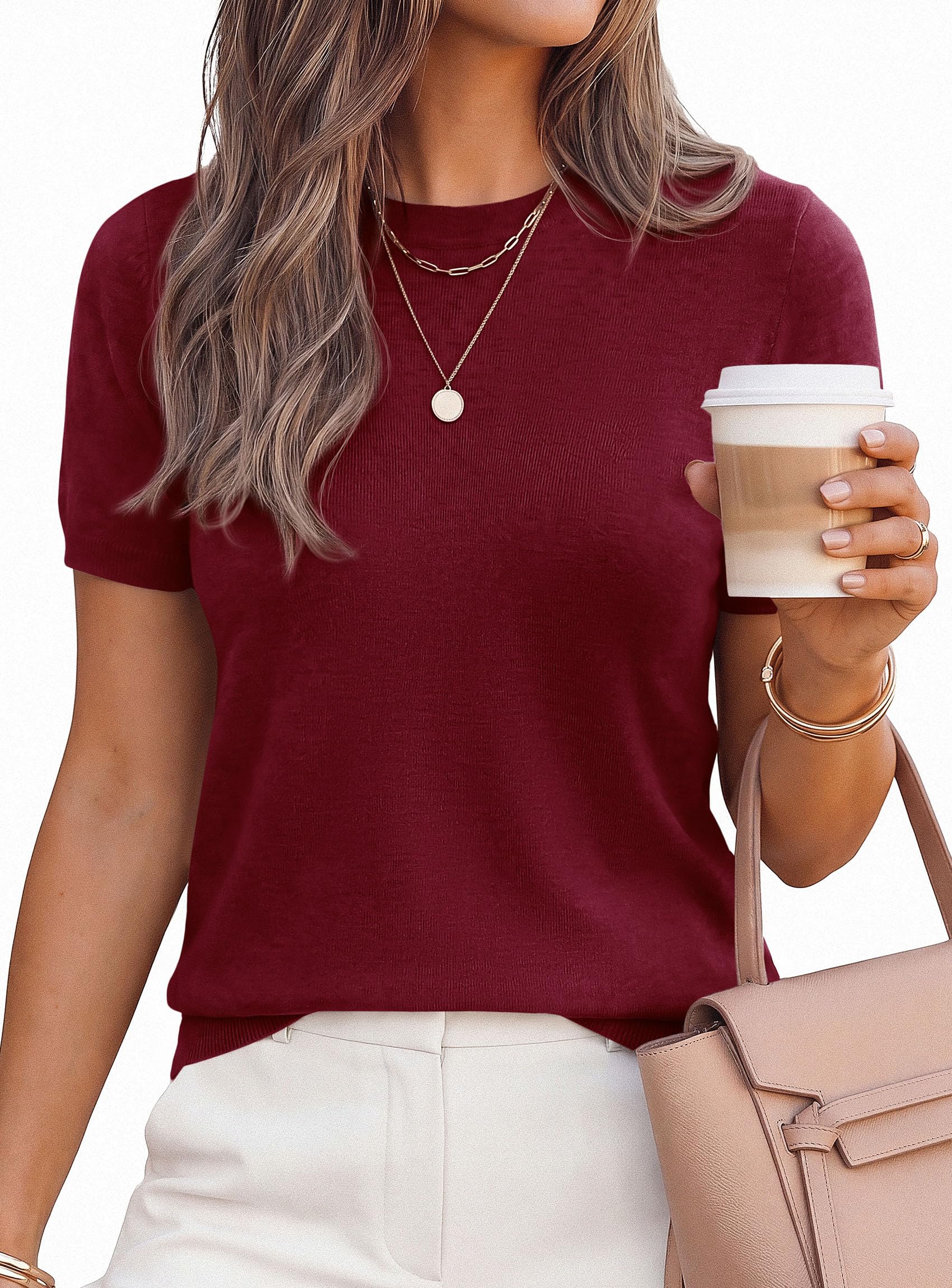 Women's Short Sleeve Sweaters Summer Tops,Burgundy,S