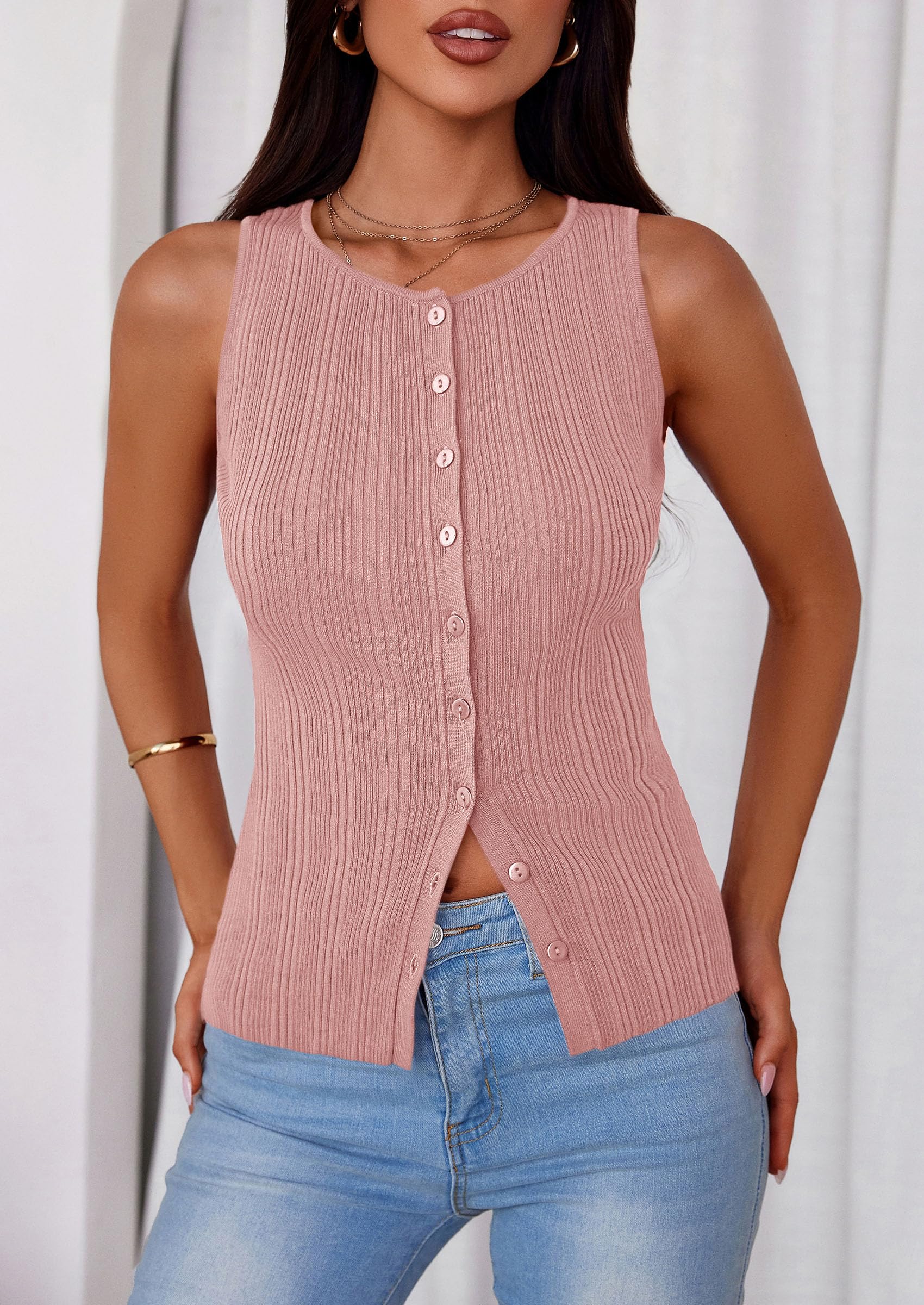 Sleeveless Button Down Shirts for Women Summer 2026 Going Out Ribbed Knit Tank Tops Y2K Clothes Trendy Vest Tops Pink