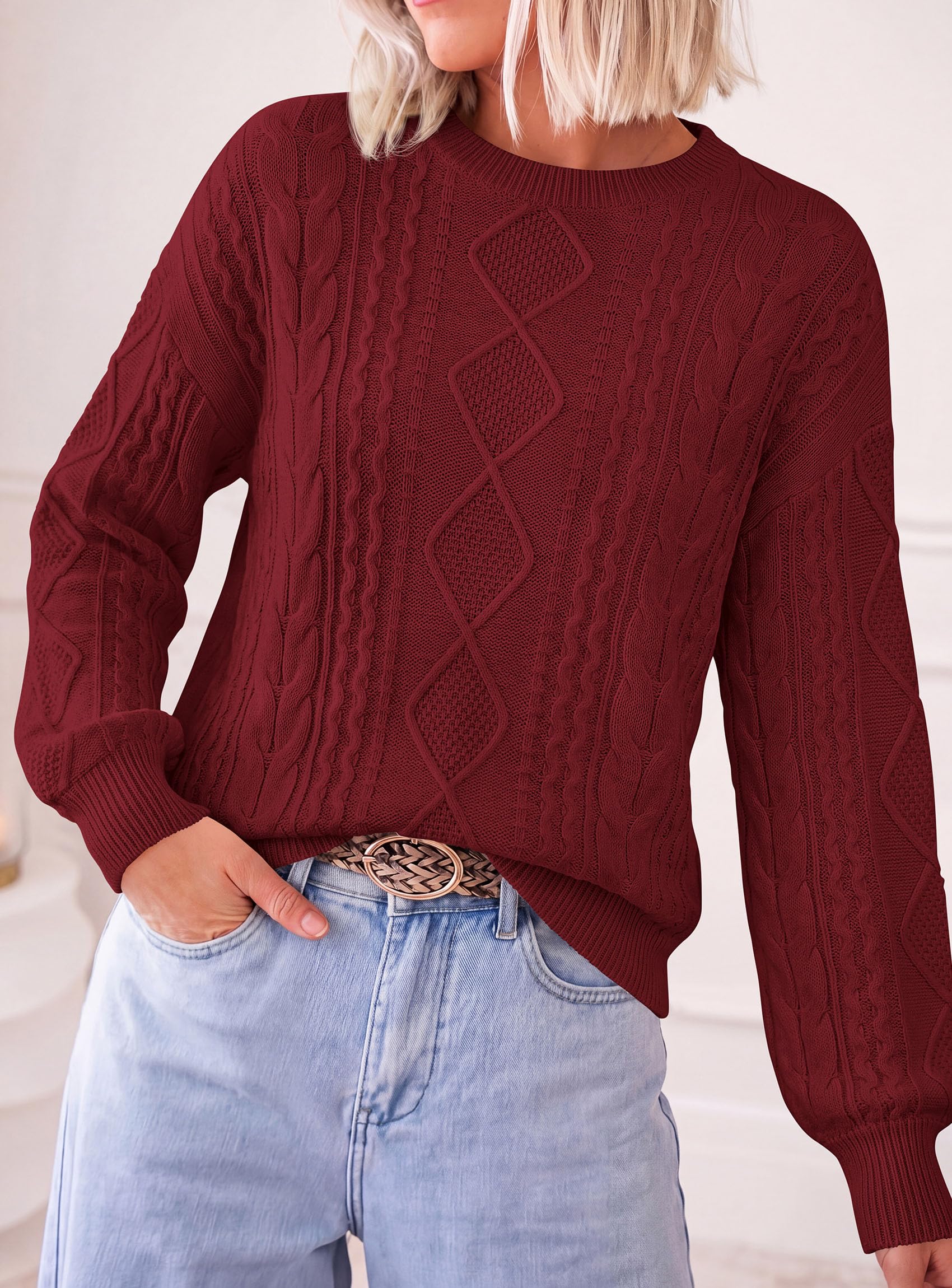 Women's Crewneck Cable Knit Sweater Pullover Tops Wine Red
