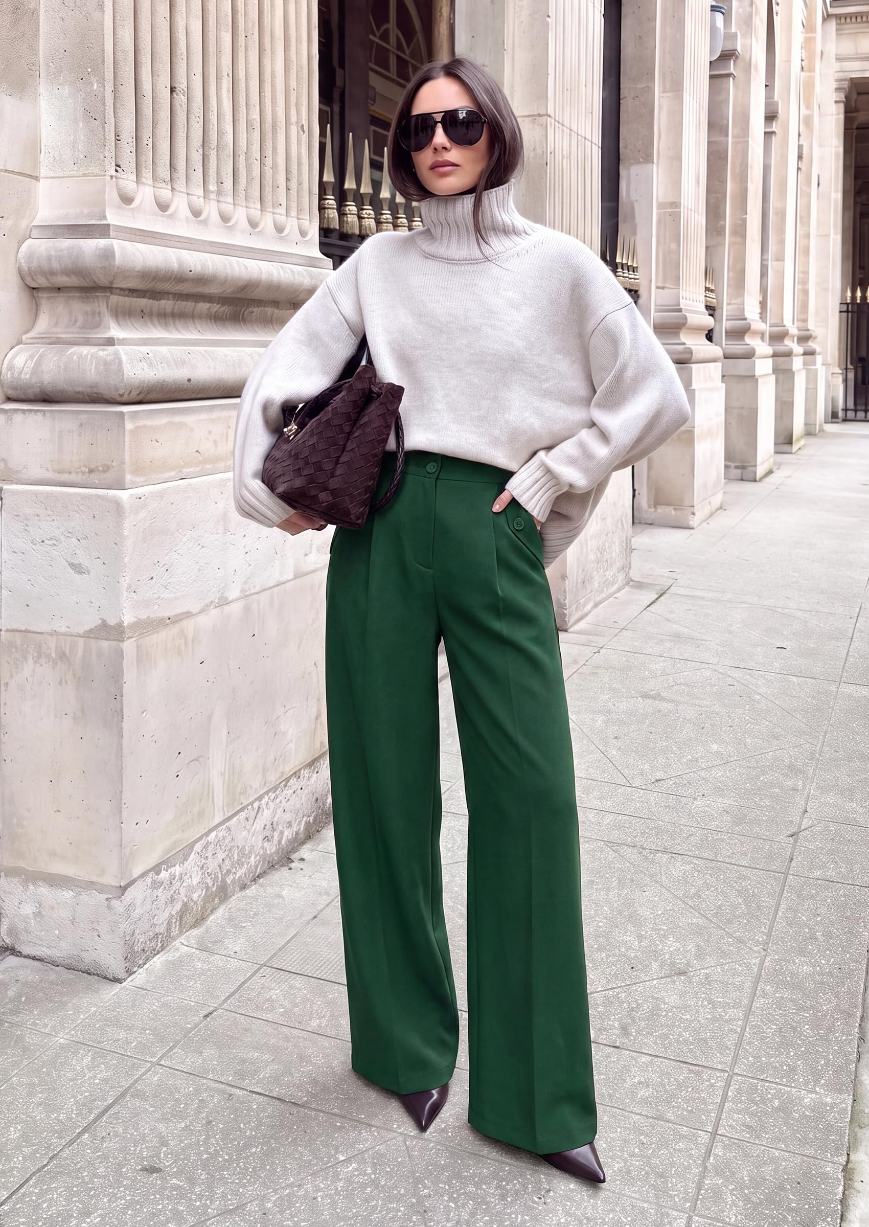 Women's Wide Leg Work Dress Pants Trousers (Dark Green,S)
